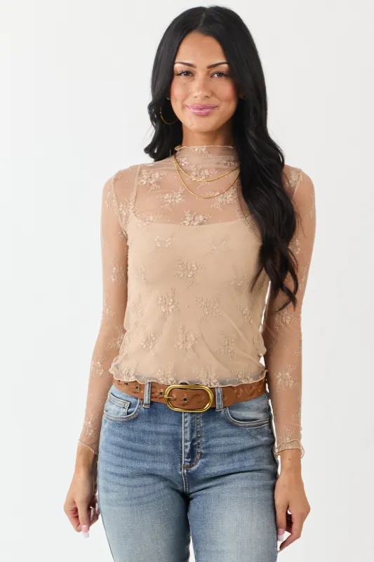 Beige Floral Lace Mesh Long Sleeve Top sold by Lime Lush