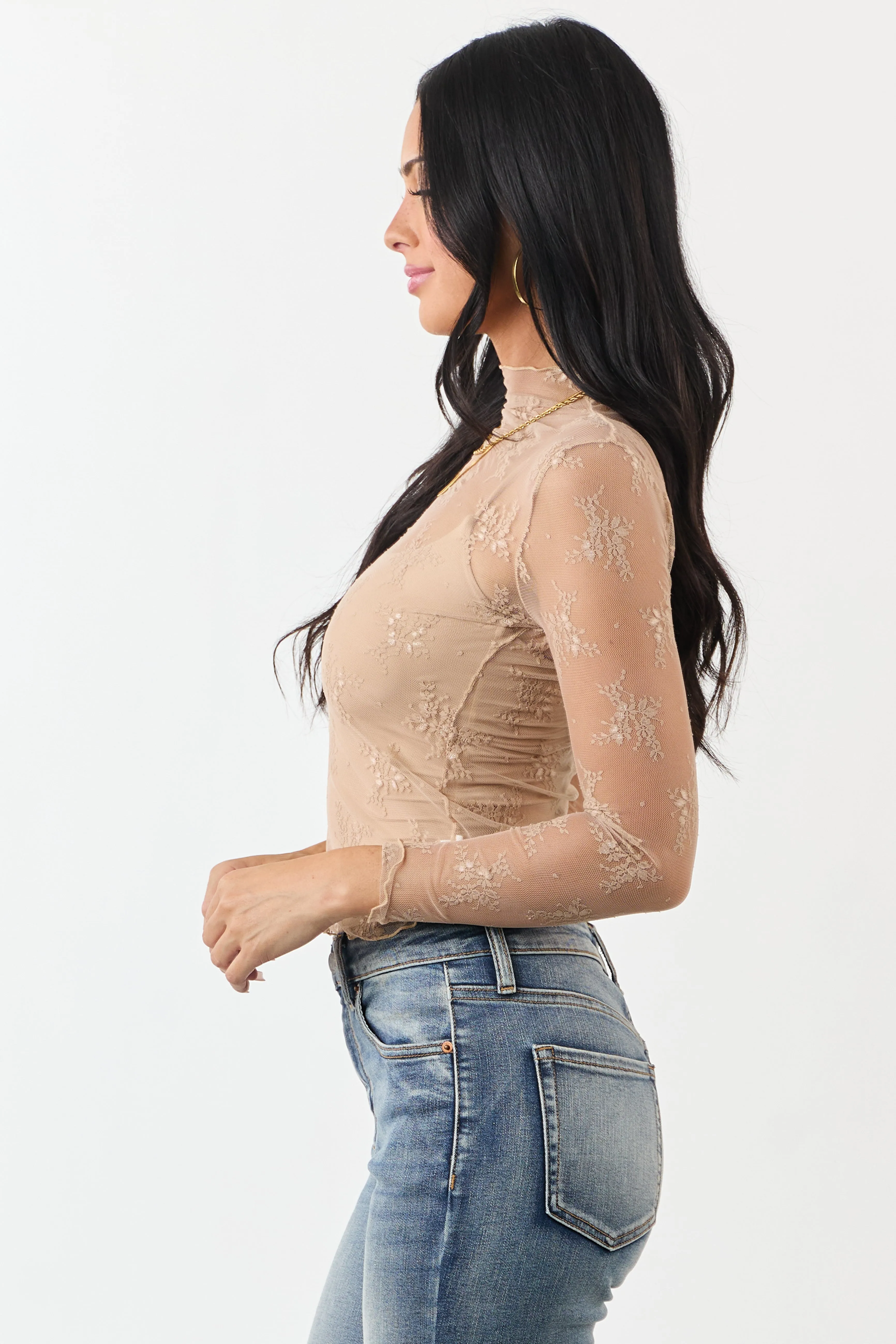 Beige Floral Lace Mesh Long Sleeve Top sold by Lime Lush product image thumbnail 4