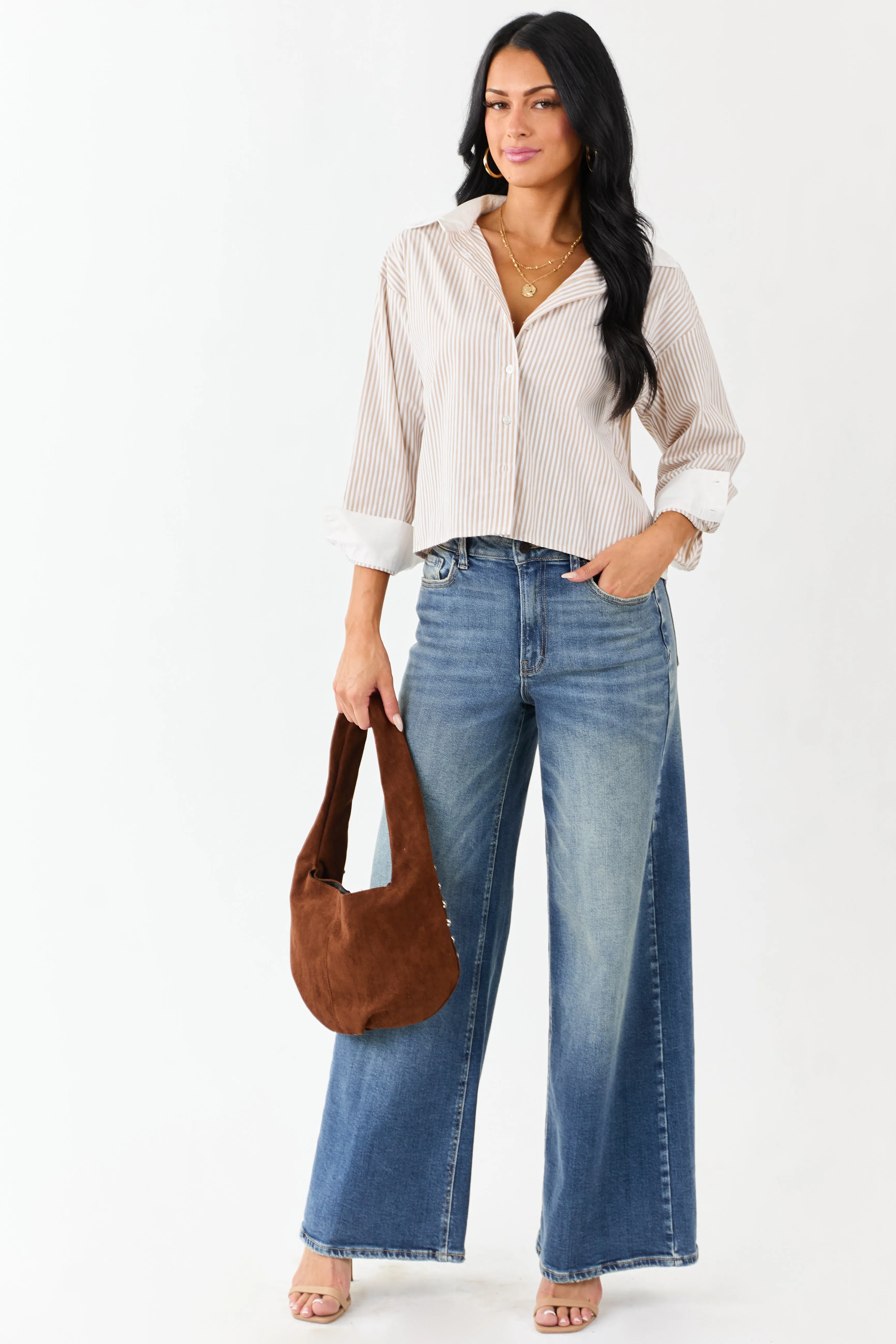 Taupe Striped Long Sleeve Button Down Cotton Top sold by Lime Lush product image thumbnail 2