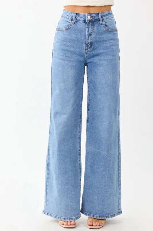 Medium Wash High Rise Wide Leg Stretchy Jeans sold by Lime Lush