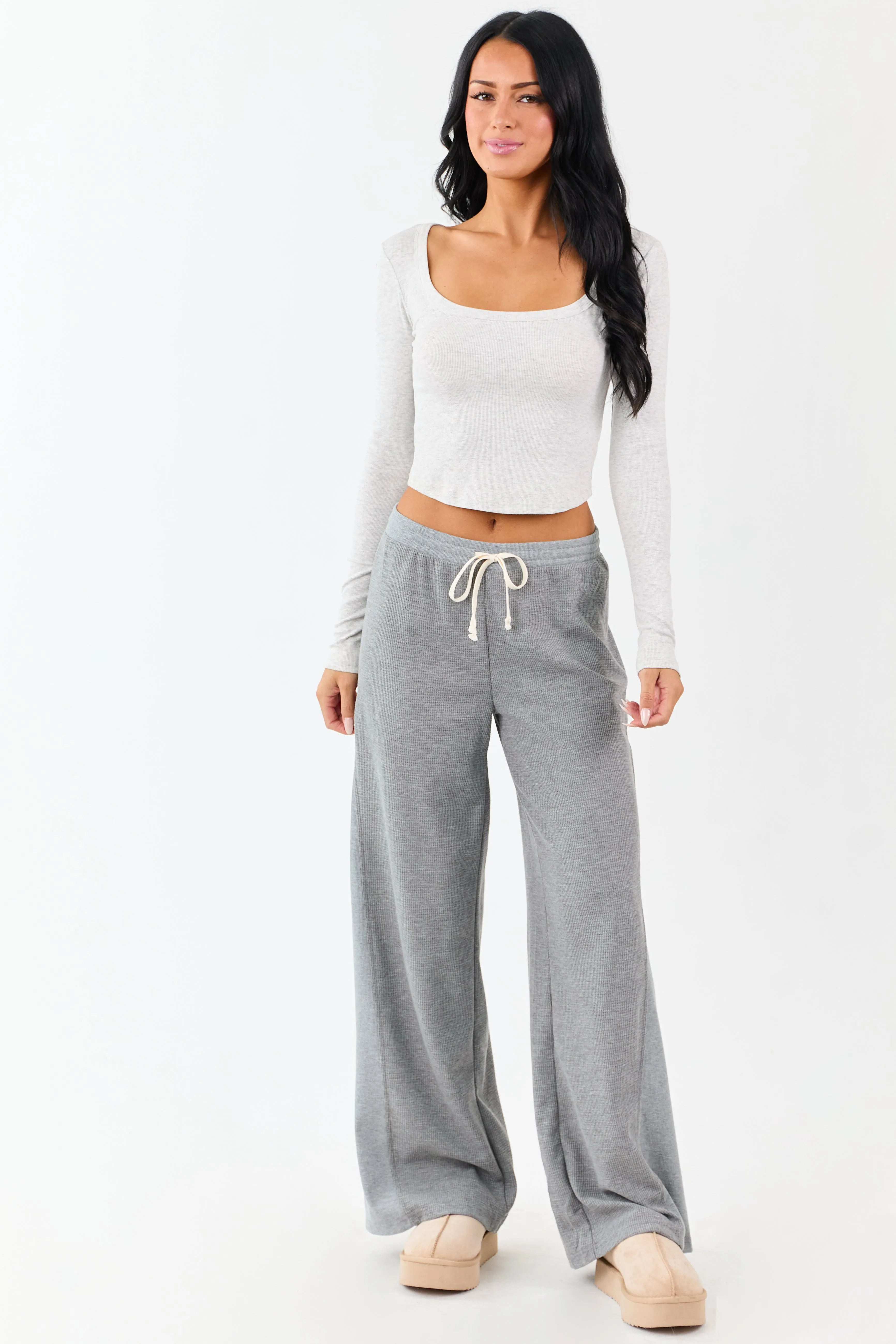 Steel Waffle Knit Wide Leg Drawstring Pants sold by Lime Lush