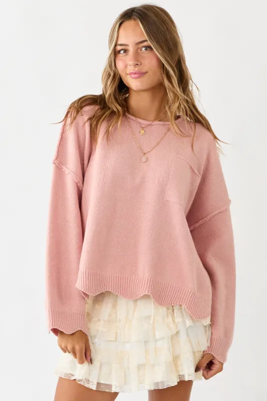 Lovelo Cherry Blossom Scallop Trim Relaxed Sweater sold by Lime Lush