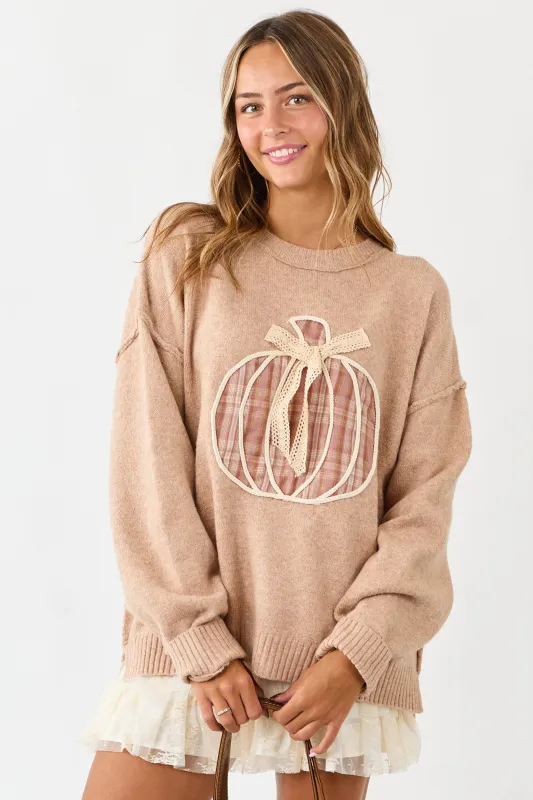Latte Pumpkin Patch Graphic Soft Knit Sweater sold by Lime Lush