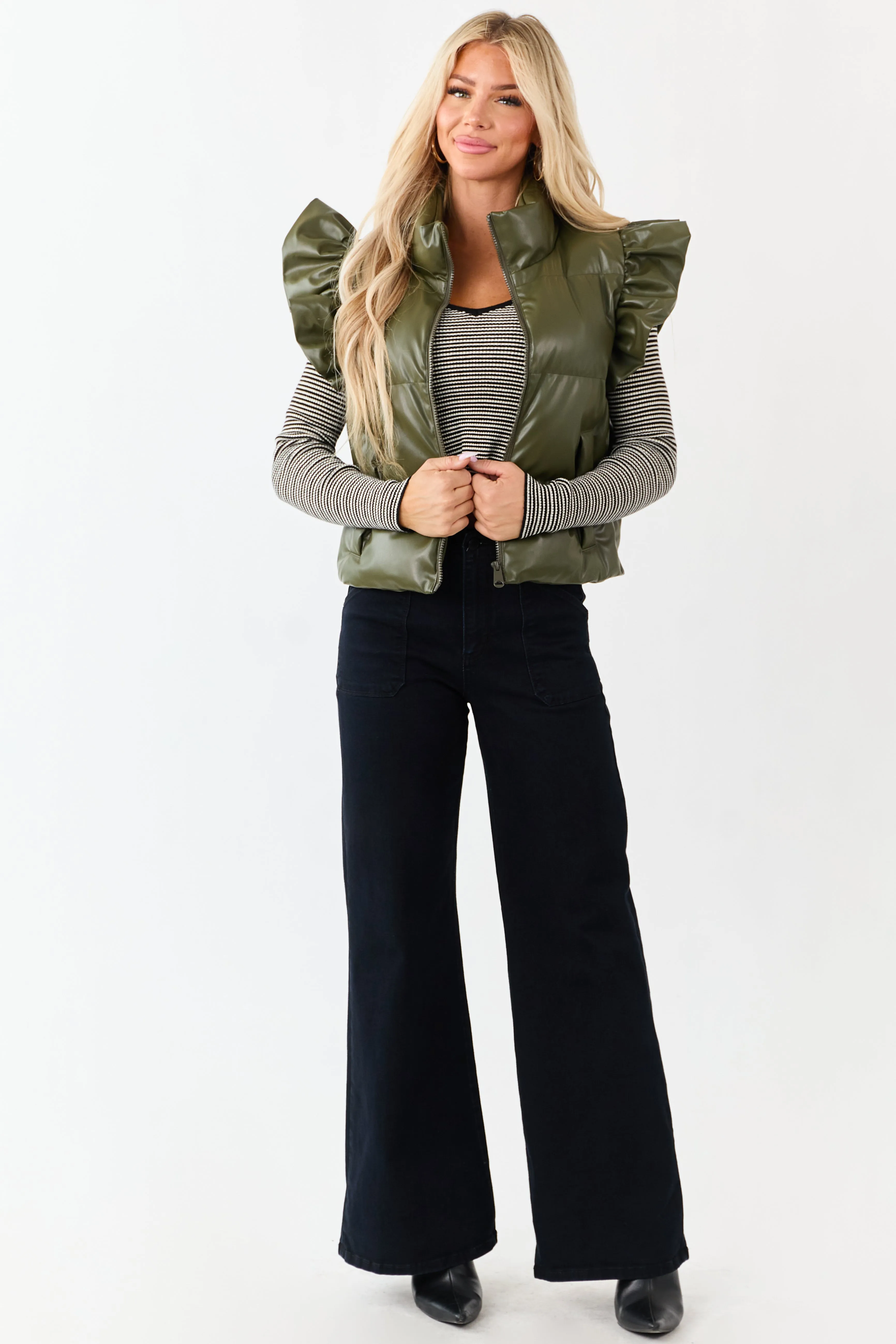 Lovelo Olive Faux Leather Ruffle Sleeve Puff Vest sold by Lime Lush product image thumbnail 2