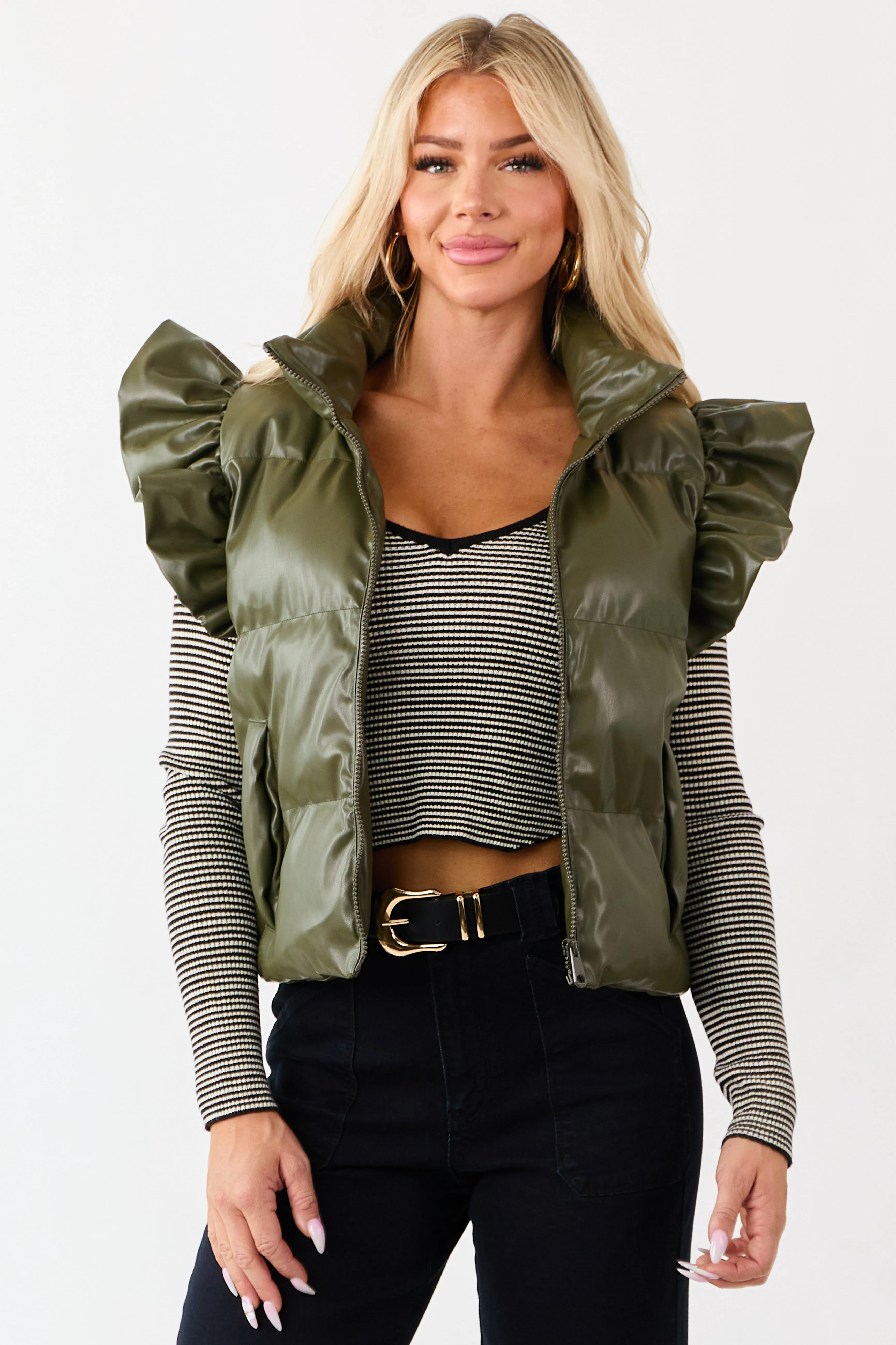 Lovelo Olive Faux Leather Ruffle Sleeve Puff Vest sold by Lime Lush product image thumbnail 3