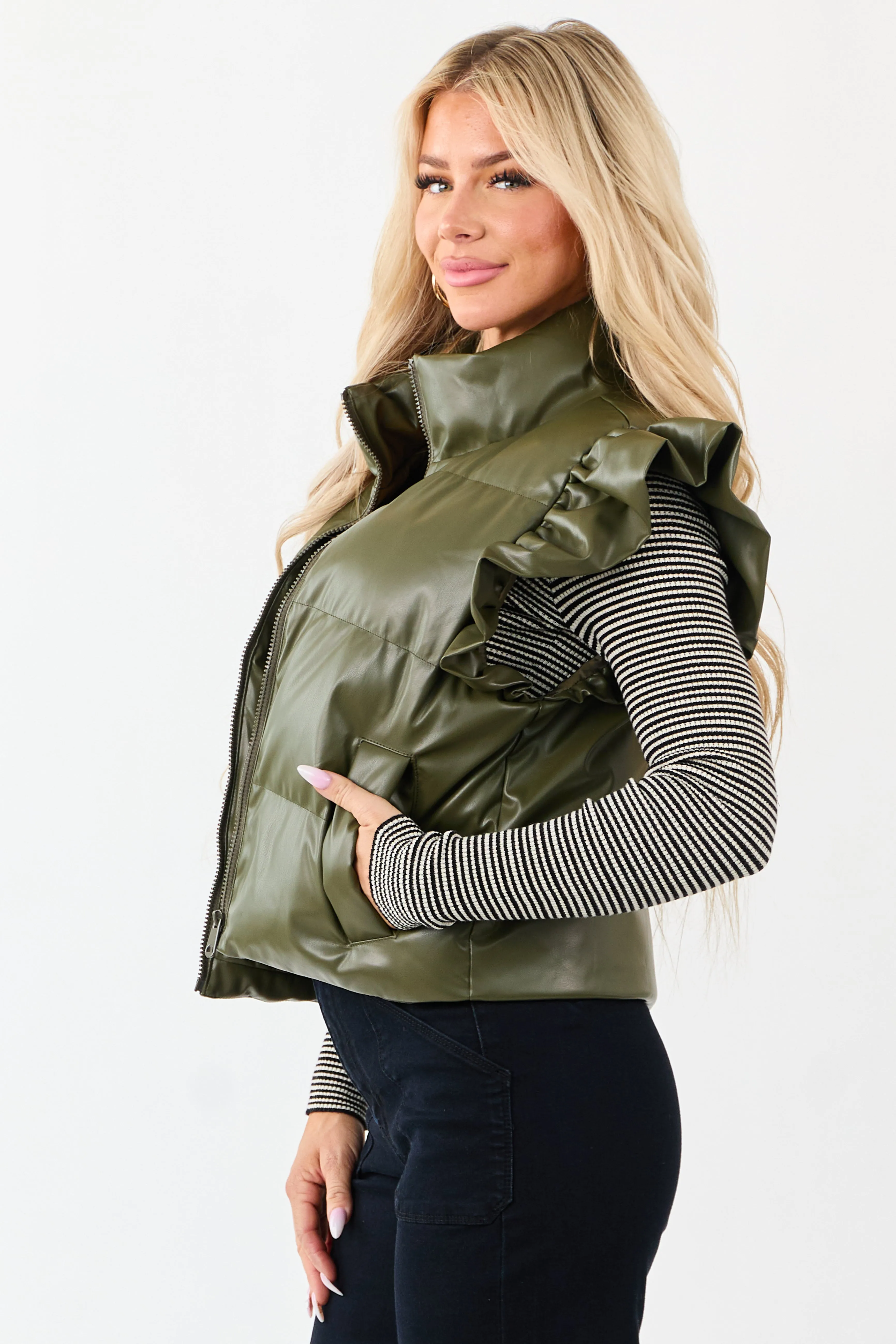 Lovelo Olive Faux Leather Ruffle Sleeve Puff Vest sold by Lime Lush product image thumbnail 4