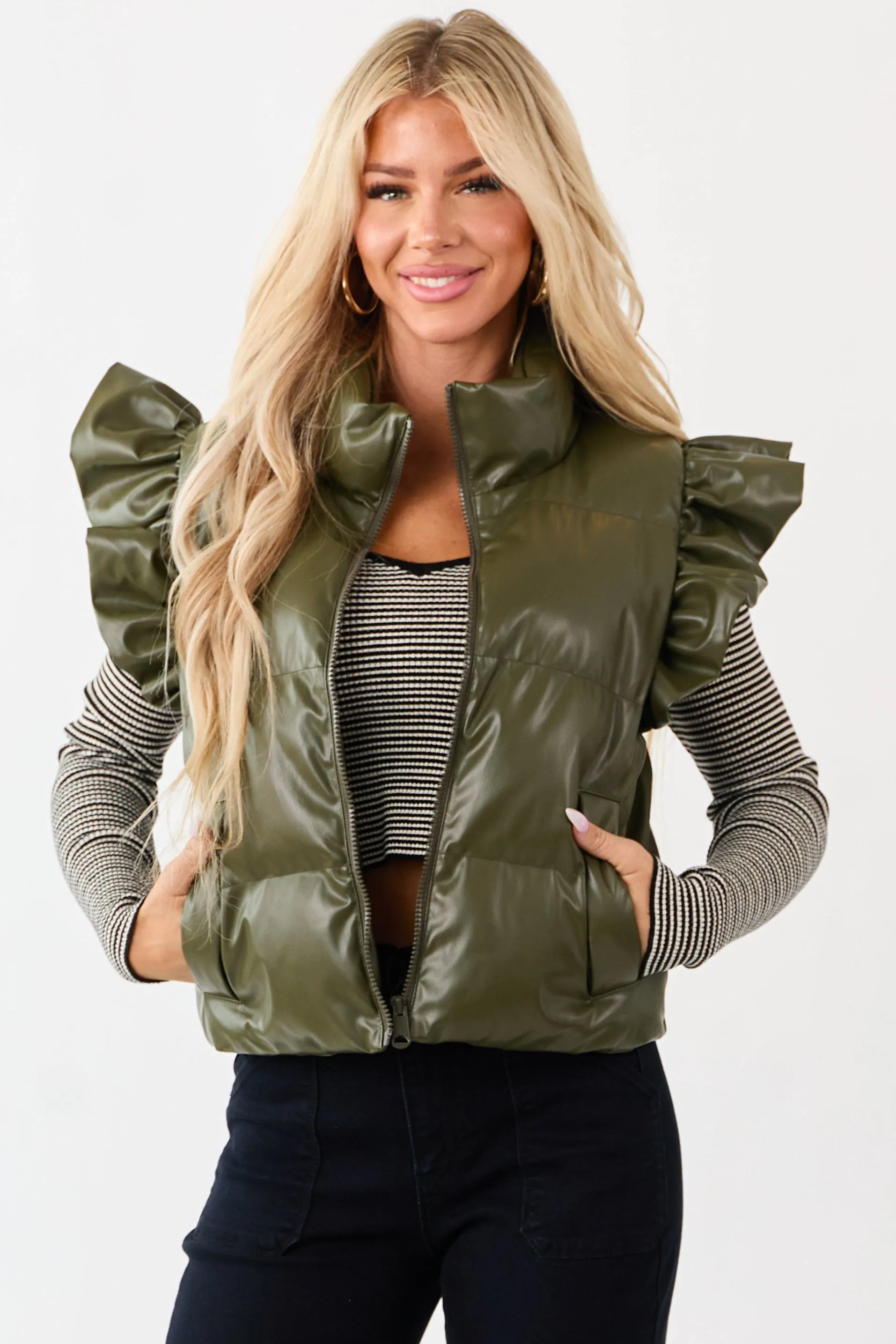 Lovelo Olive Faux Leather Ruffle Sleeve Puff Vest sold by Lime Lush