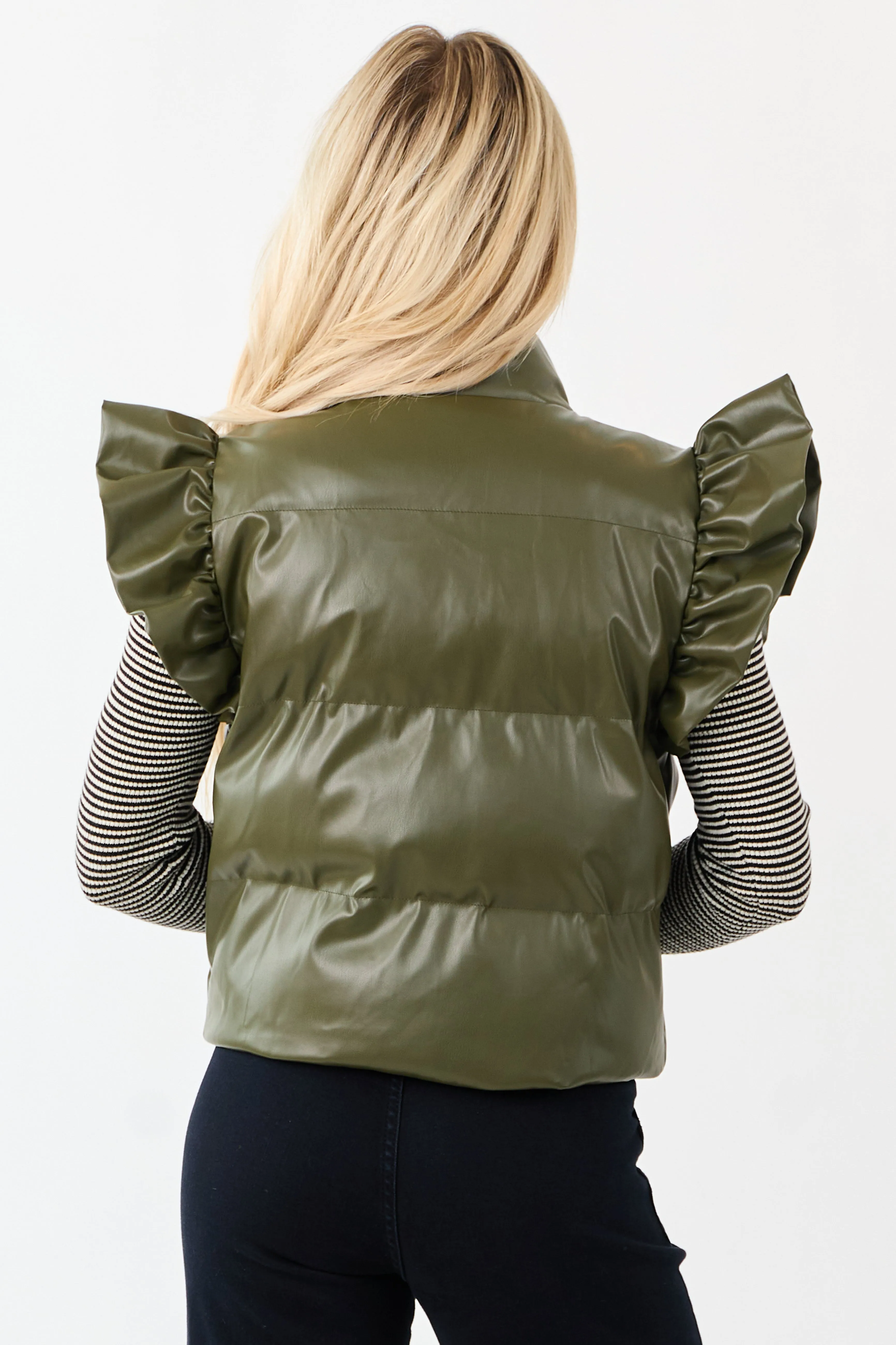 Lovelo Olive Faux Leather Ruffle Sleeve Puff Vest sold by Lime Lush product image thumbnail 5