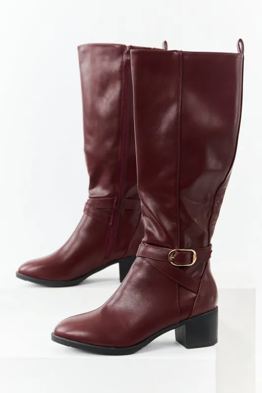 Mahogany Faux Leather Knee High Block Heel Boots sold by Lime Lush