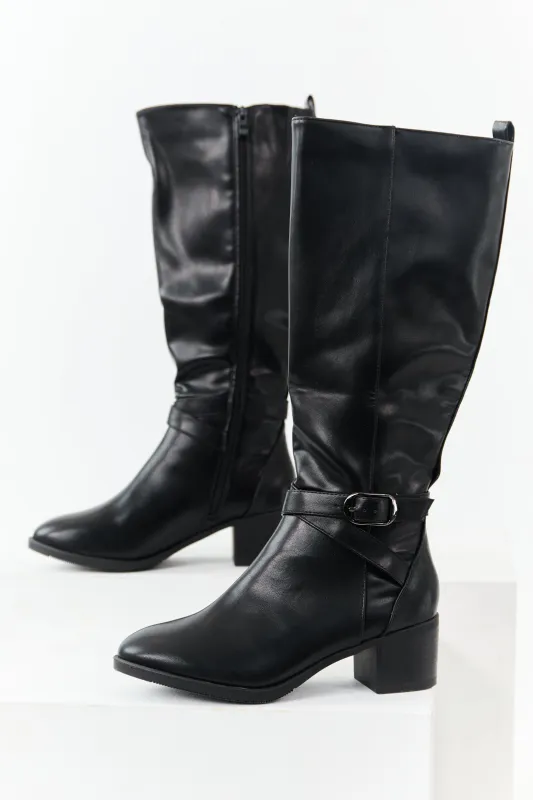 Black Faux Leather Knee High Block Heel Boots sold by Lime Lush