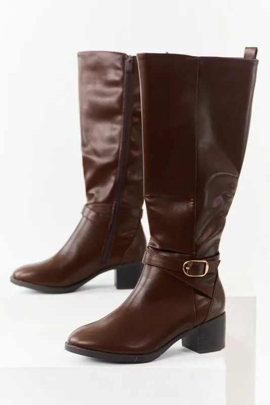 Chocolate Faux Leather Knee High Block Heel Boots sold by Lime Lush