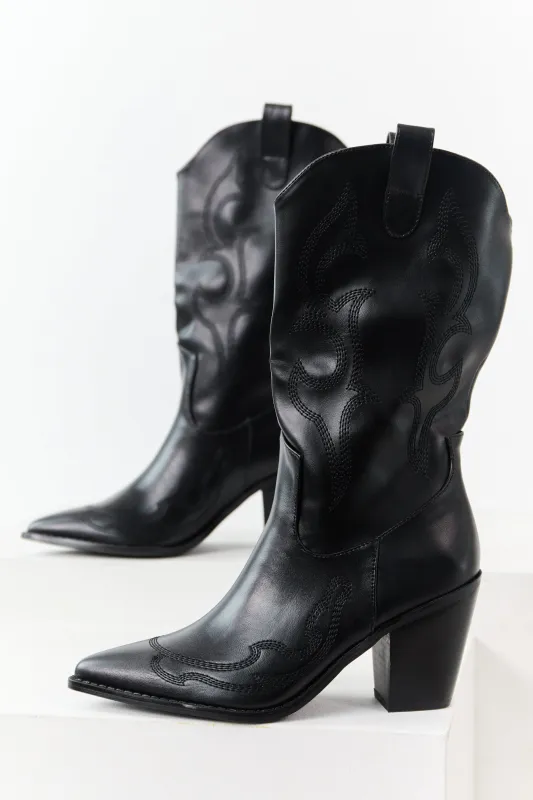 Black Faux Leather Stacked Heel Cowboy Boots sold by Lime Lush
