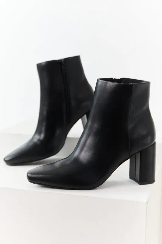 Black Faux Leather Block Heel Pointed Toe Booties sold by Lime Lush