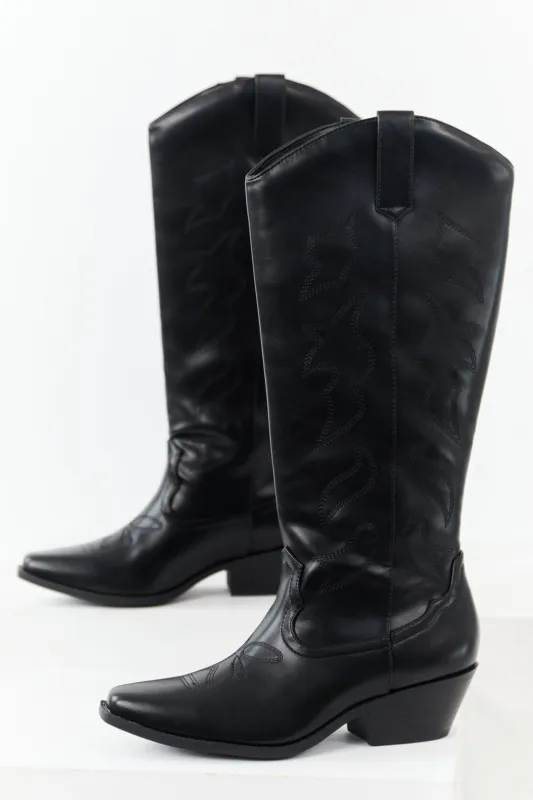 Black Faux Leather Western Embroidered Tall Boots sold by Lime Lush