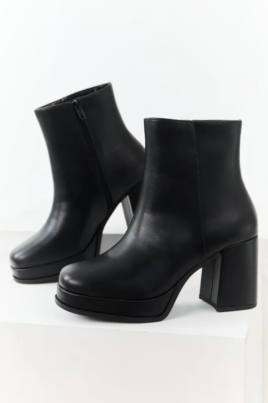 Black Faux Leather Block Heel Round Toe Booties sold by Lime Lush