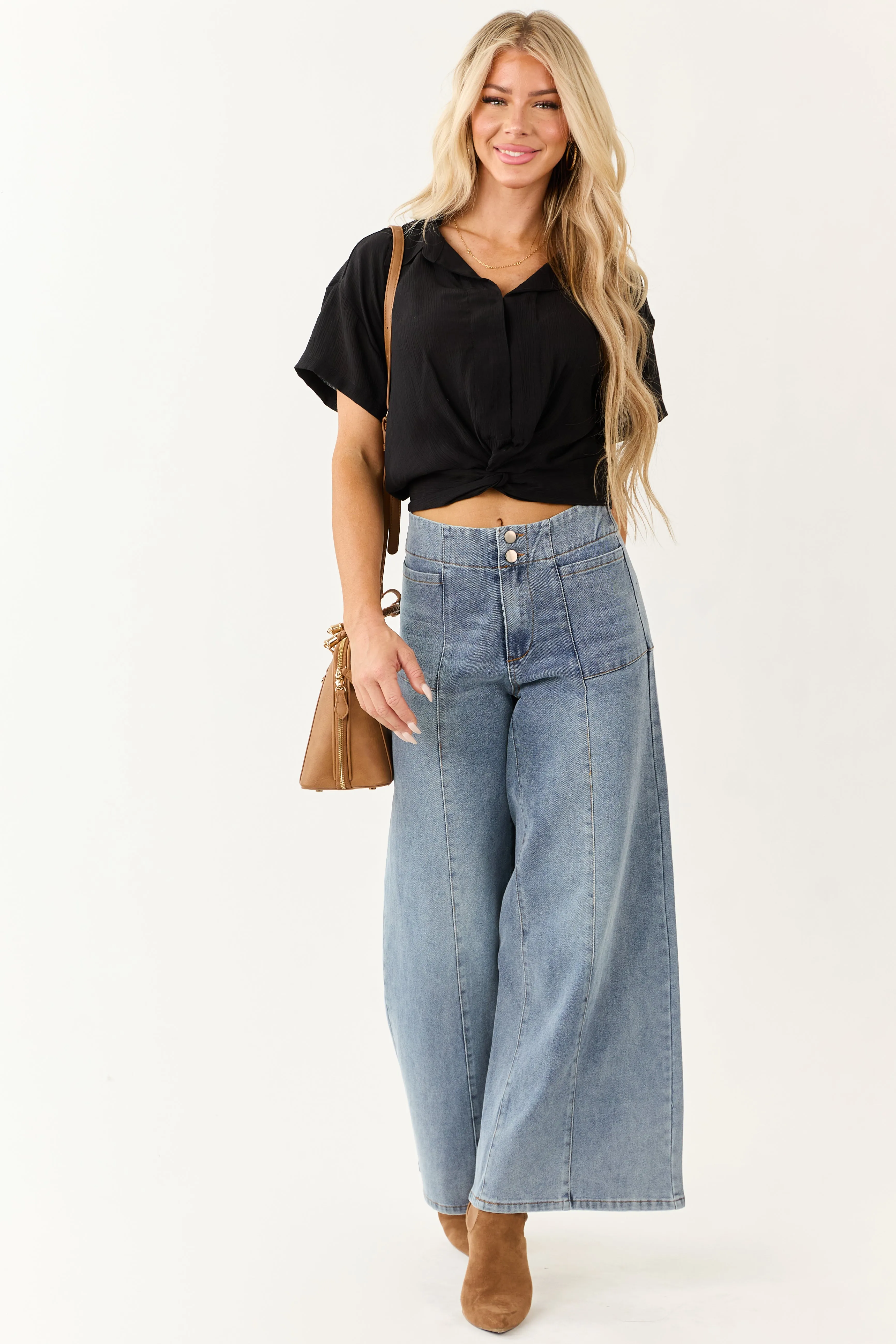 Black Collared Front Twist Short Sleeve Top sold by Lime Lush product image thumbnail 2