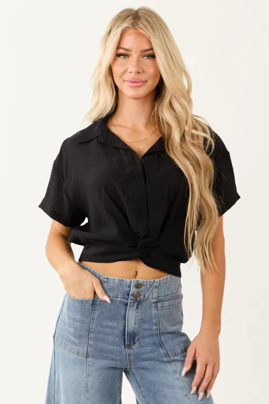 Black Collared Front Twist Short Sleeve Top sold by Lime Lush