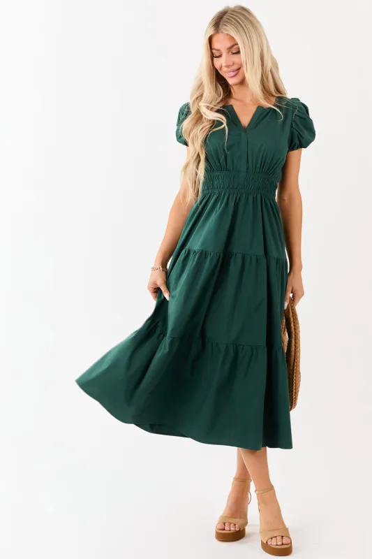 Forest Green Short Puff Sleeve Tiered Midi Dress sold by Lime Lush