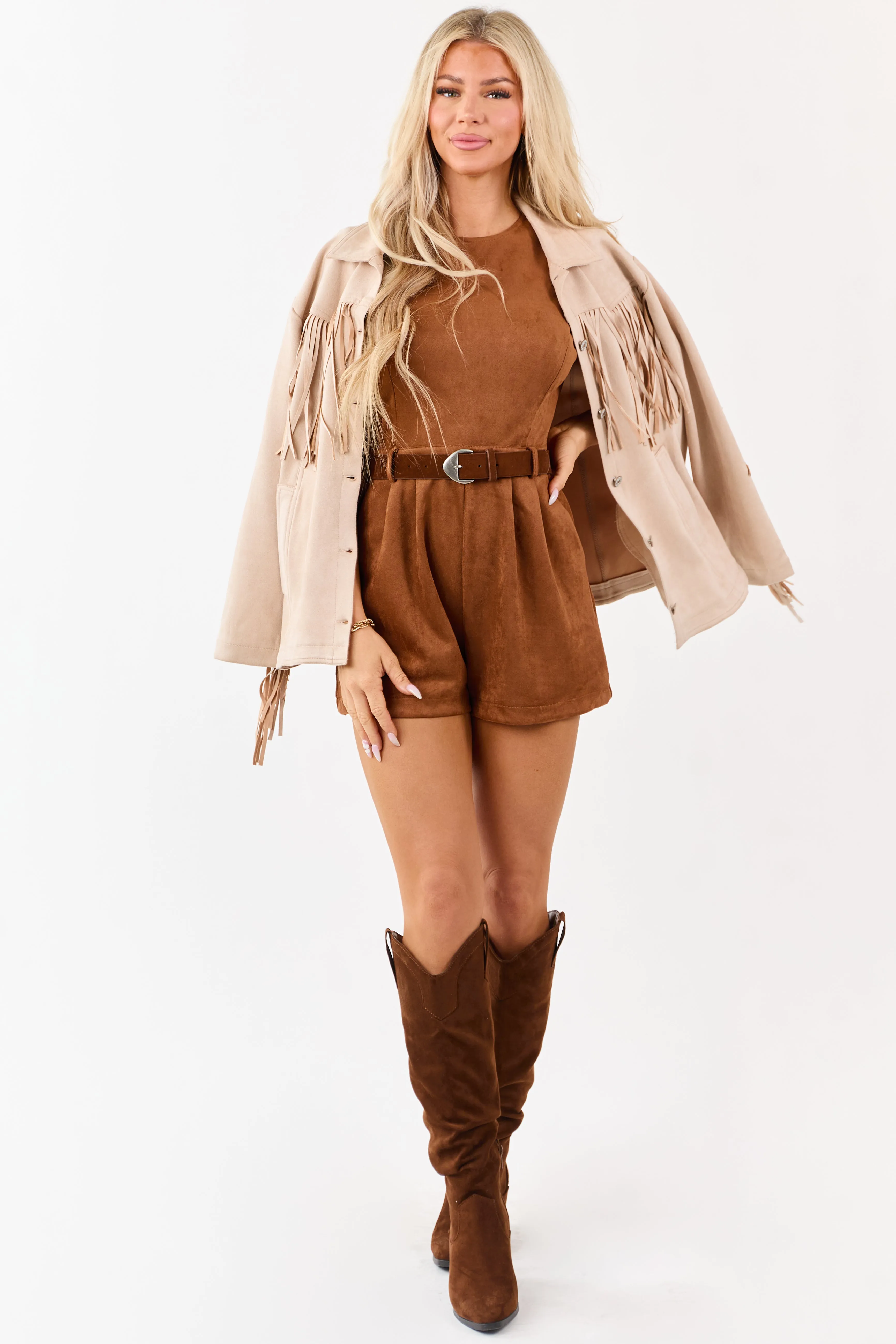 Cognac Faux Suede Belted Short Sleeve Romper sold by Lime Lush product image thumbnail 4