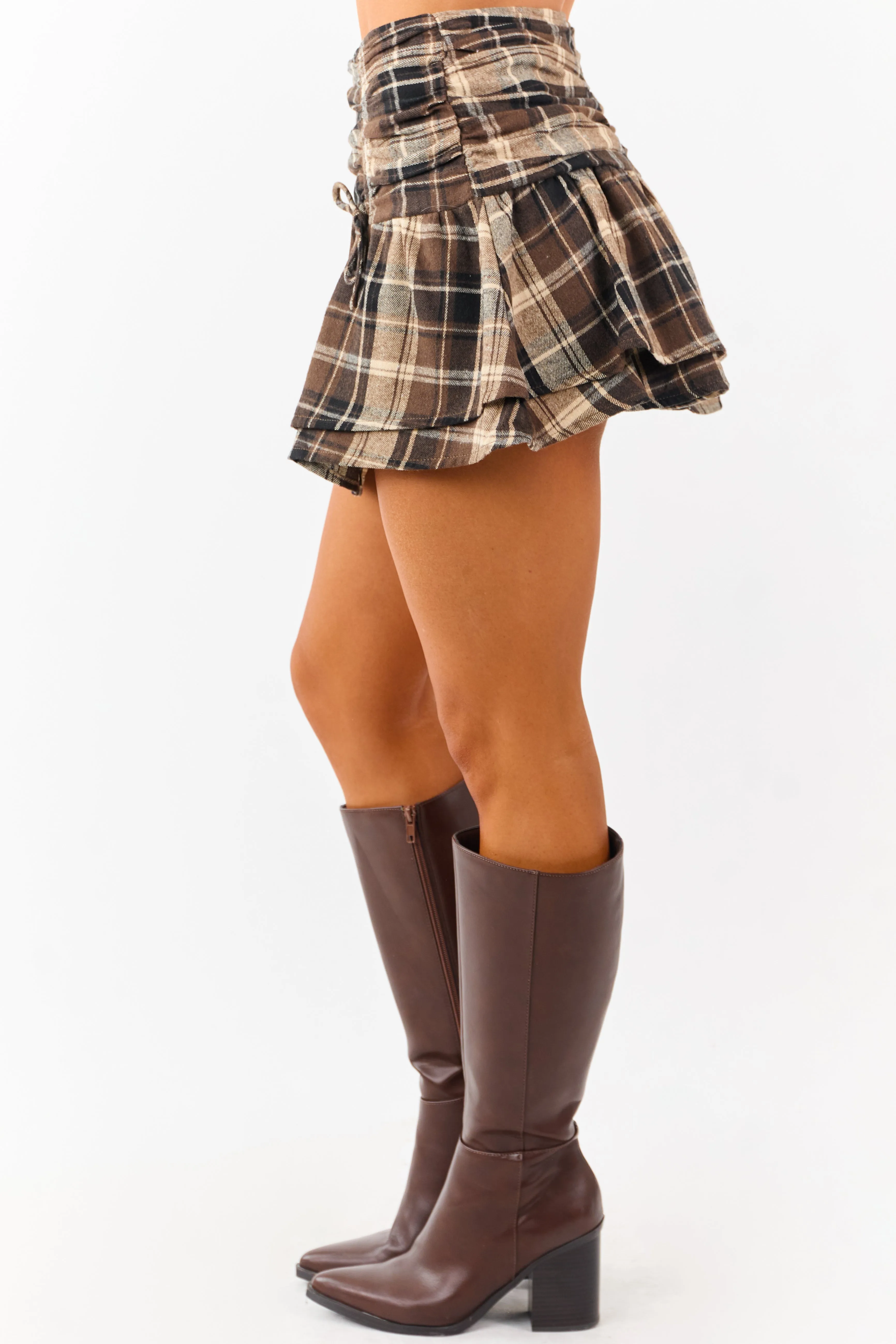 Sepia Plaid Ruched Tiered Layered Mini Skort sold by Lime Lush product image thumbnail 3