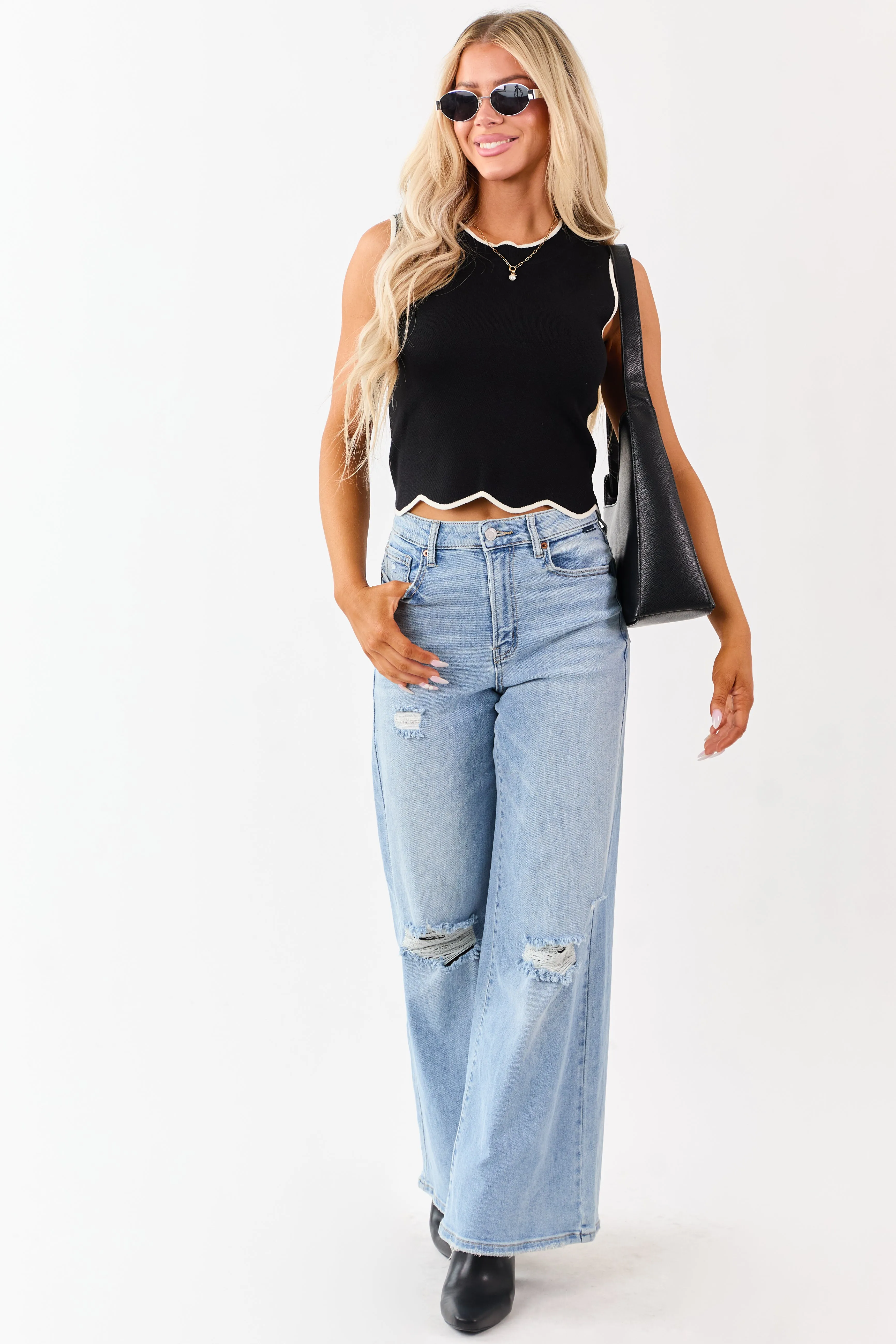 Black Contrast Trim Scalloped Hem Knit Tank Top sold by Lime Lush product image thumbnail 2