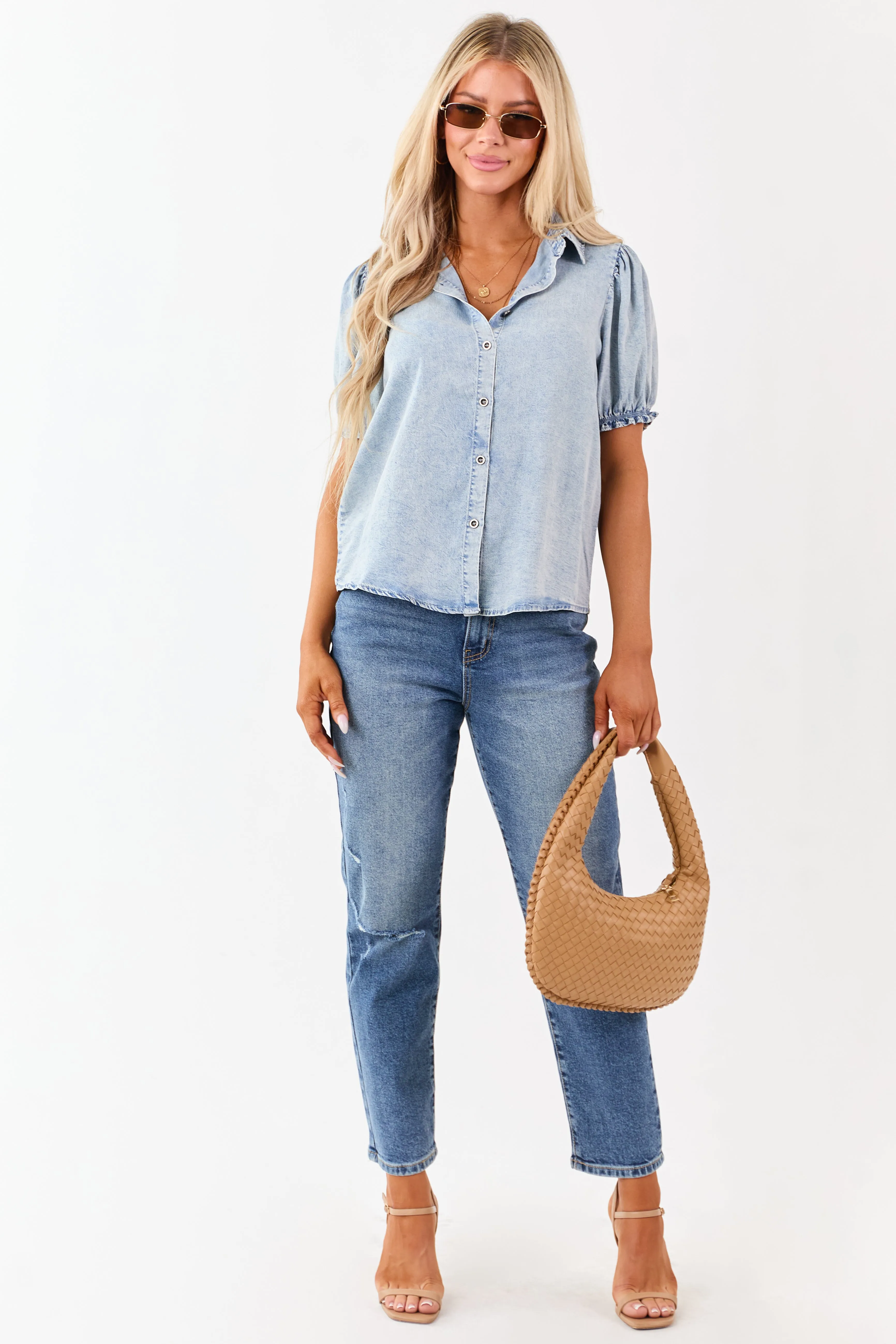 Light Washed Denim Puff Sleeve Button Up Top sold by Lime Lush product image thumbnail 4