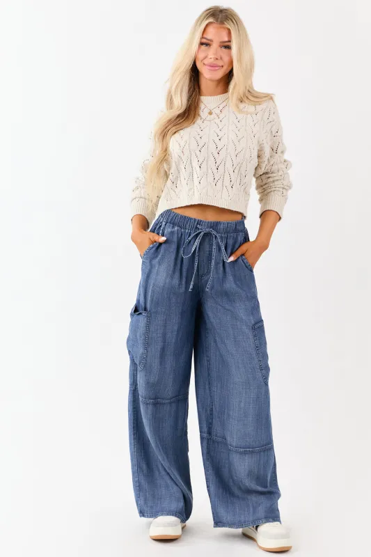 Medium Wash Chambray Cargo Wide Leg Pants sold by Lime Lush