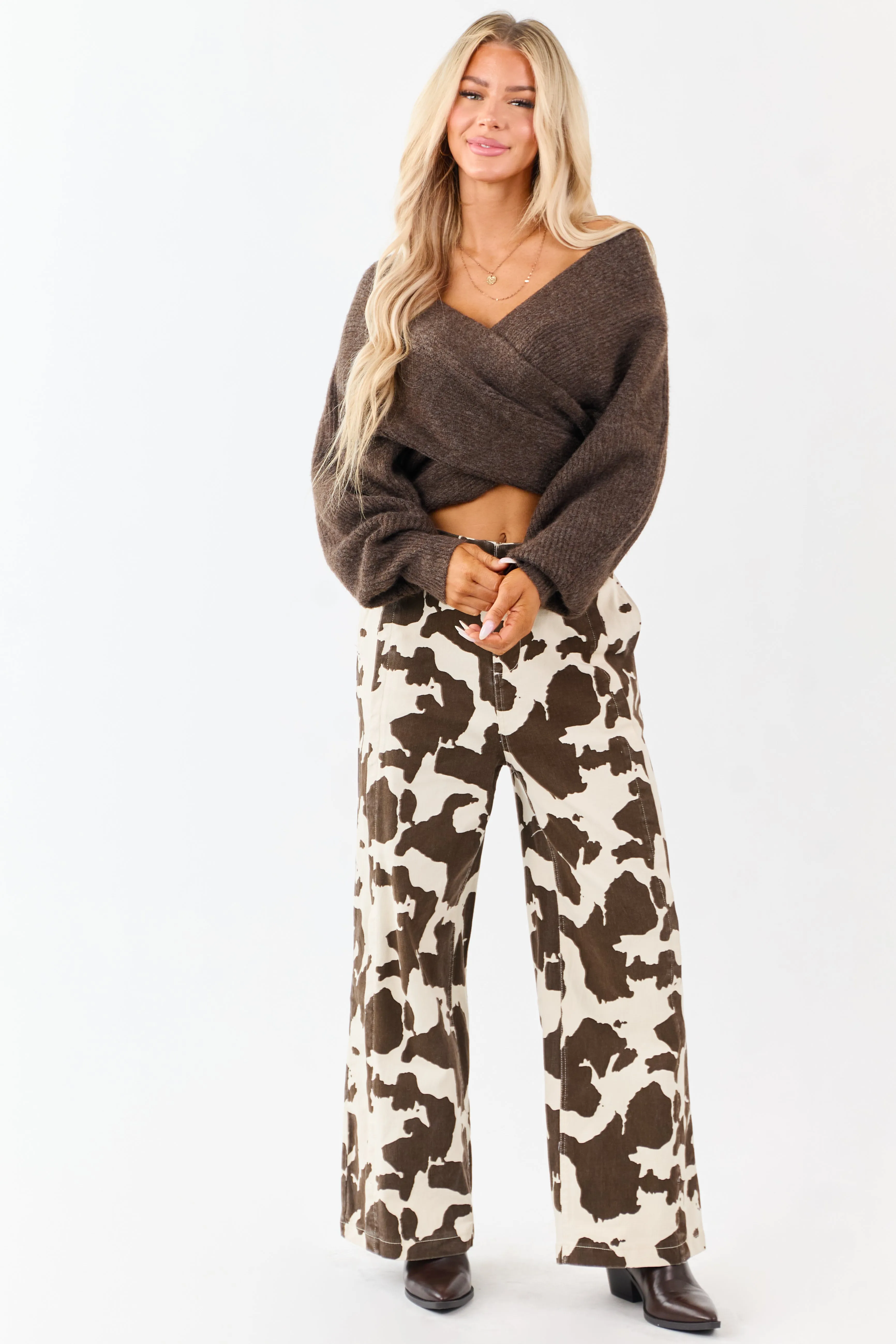 Coconut Cow Print Elastic Waist Wide Leg Denim Pants sold by Lime Lush product image thumbnail 5