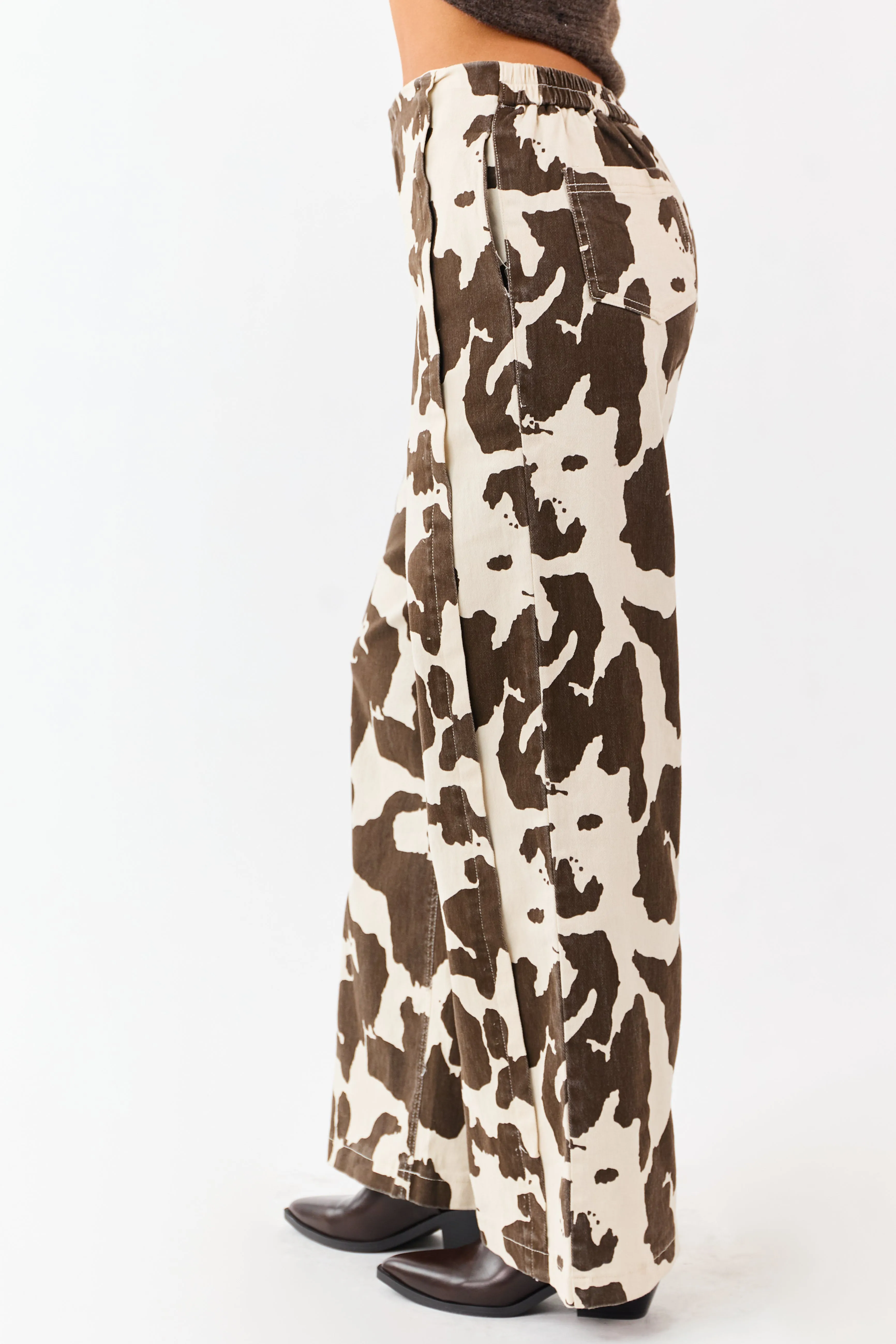 Coconut Cow Print Elastic Waist Wide Leg Denim Pants sold by Lime Lush product image thumbnail 3
