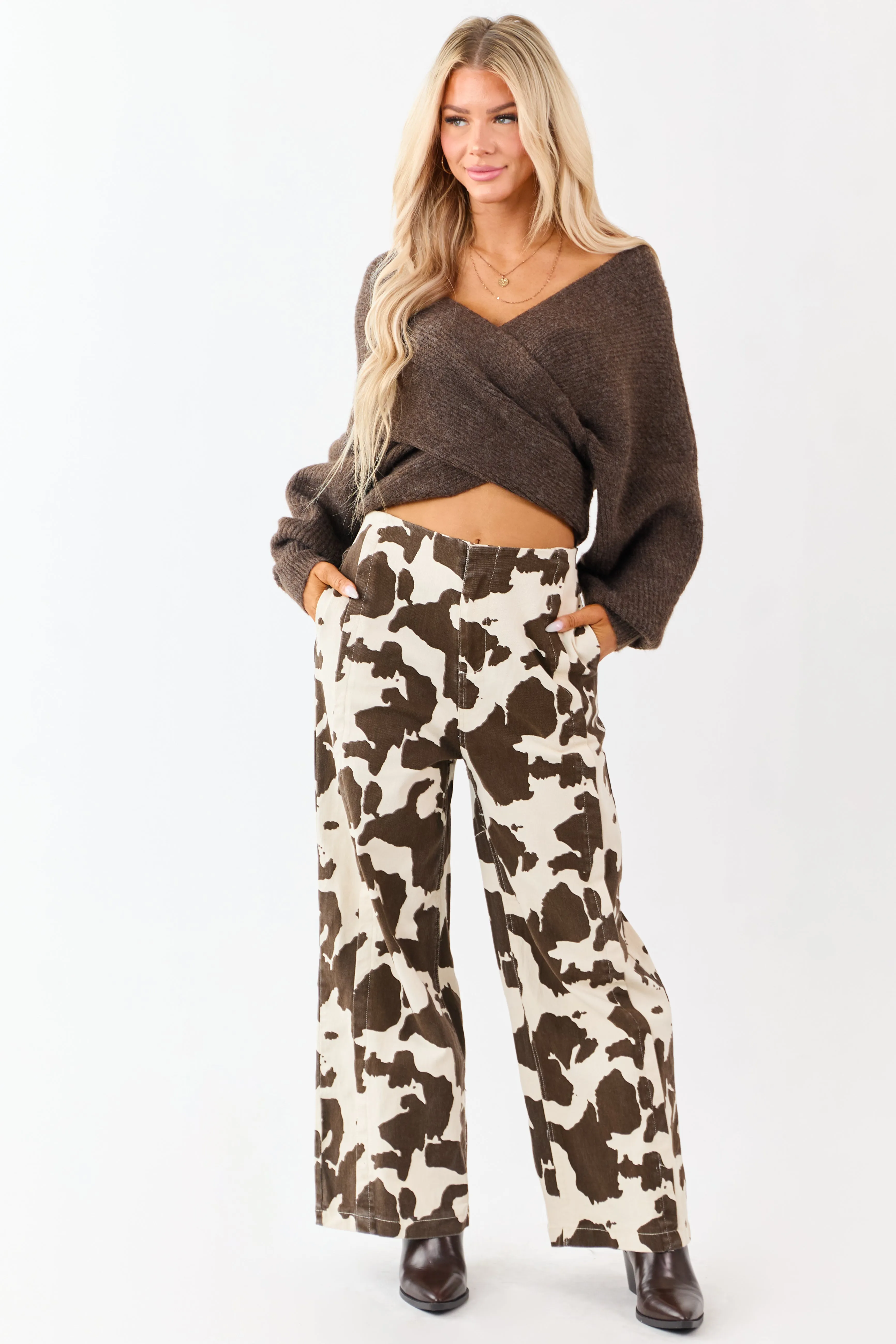 Coconut Cow Print Elastic Waist Wide Leg Denim Pants sold by Lime Lush product image thumbnail 2