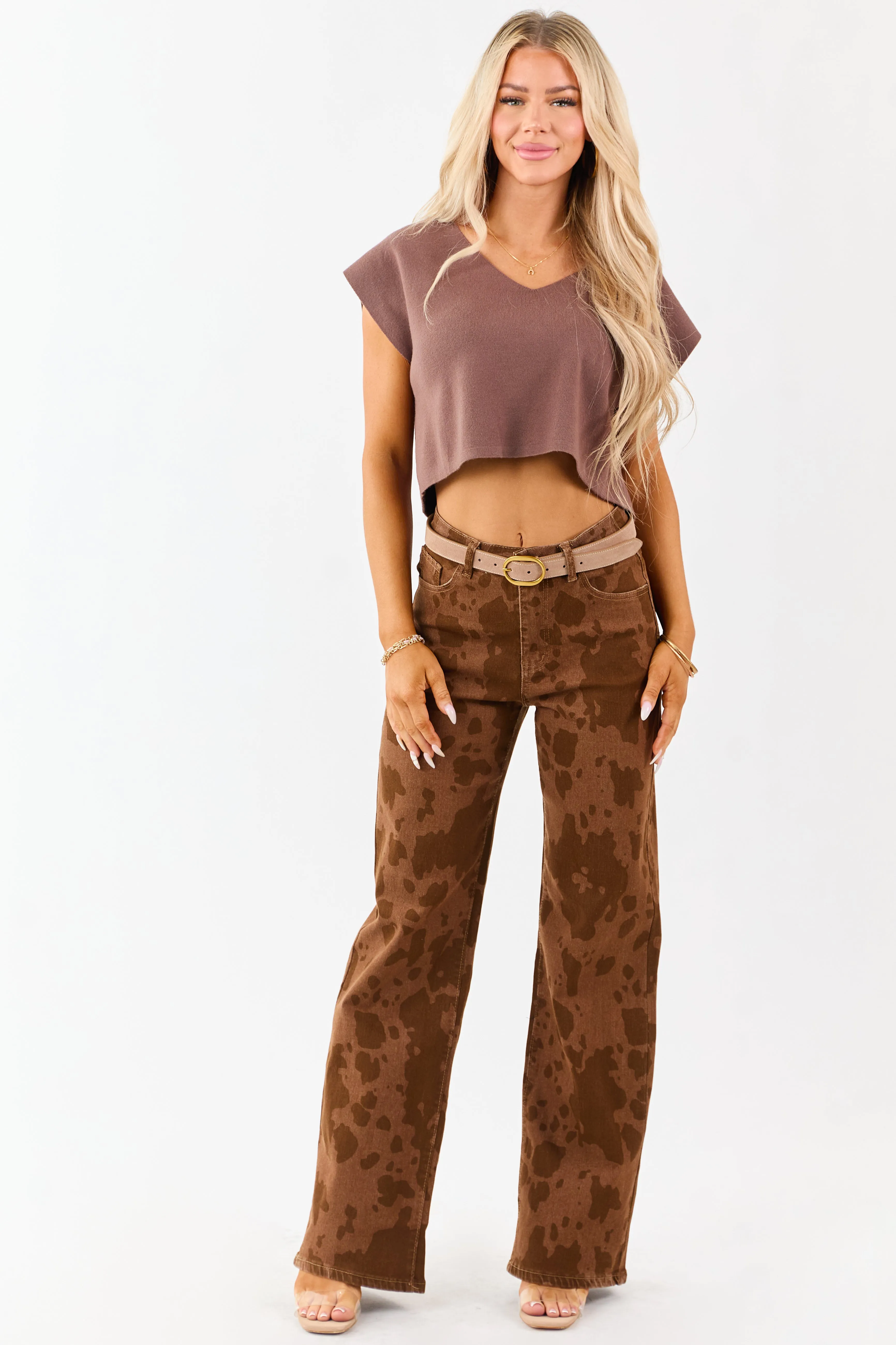 Sepia Cow Print Stretchy Straight Leg Jeans sold by Lime Lush product image thumbnail 5