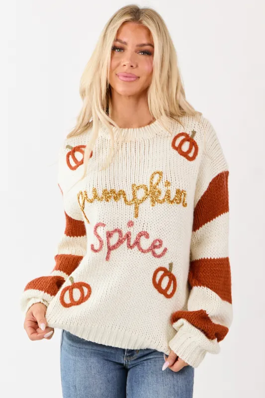 Cream 'Pumpkin Spice' Graphic Soft Knit Sweater sold by Lime Lush