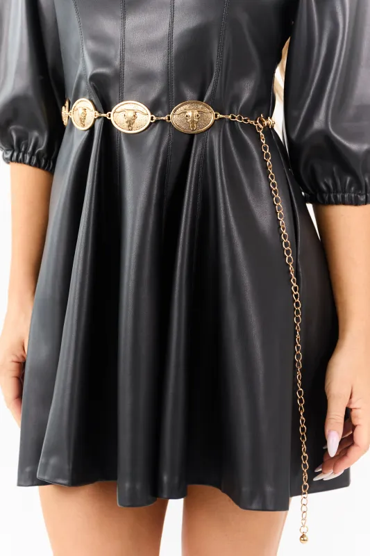 Gold Longhorn Skull Concho Disc Chain Belt sold by Lime Lush