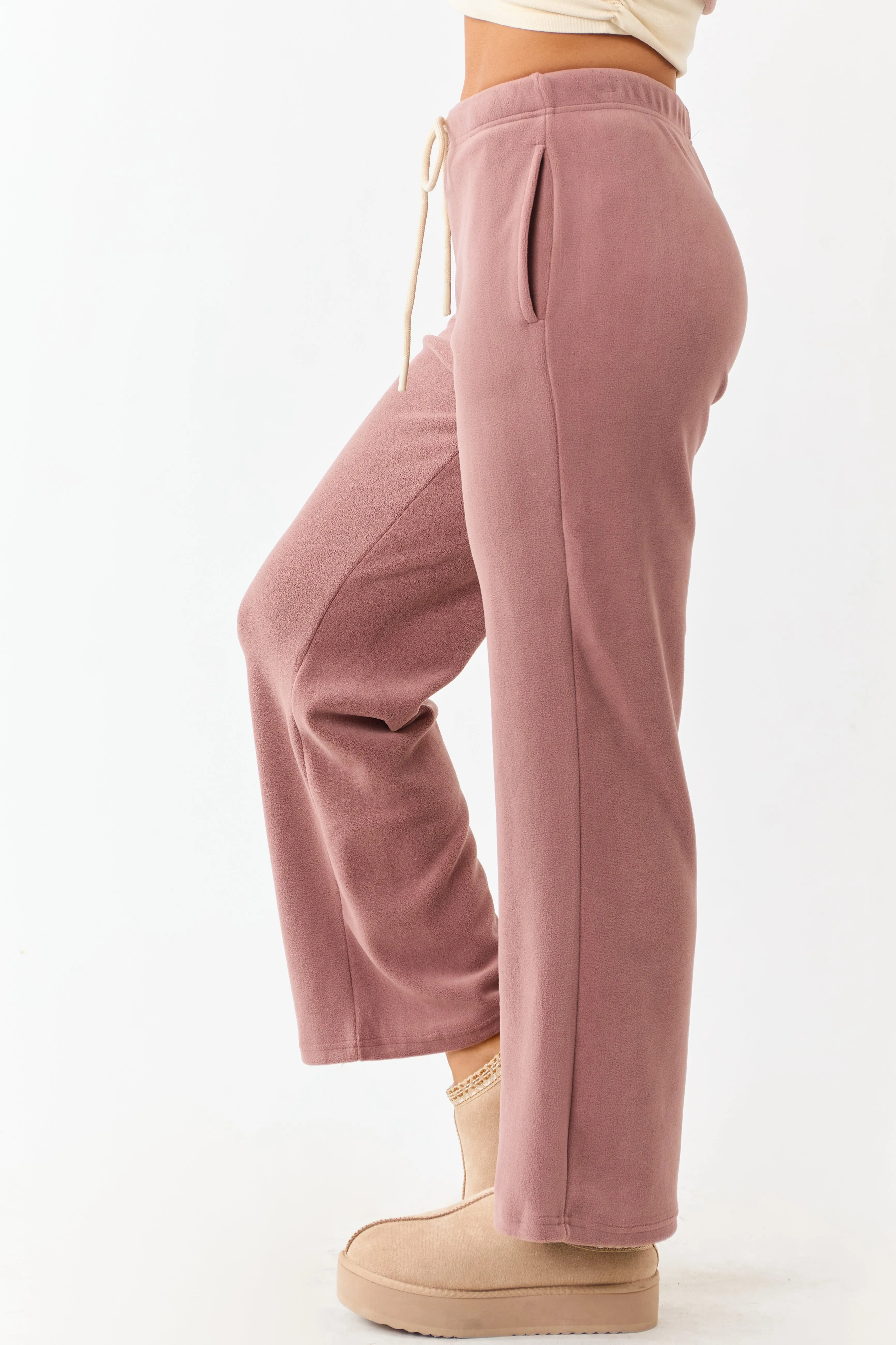 Dusty Rose Fleece Wide Leg Drawstring Pants sold by Lime Lush product image thumbnail 3