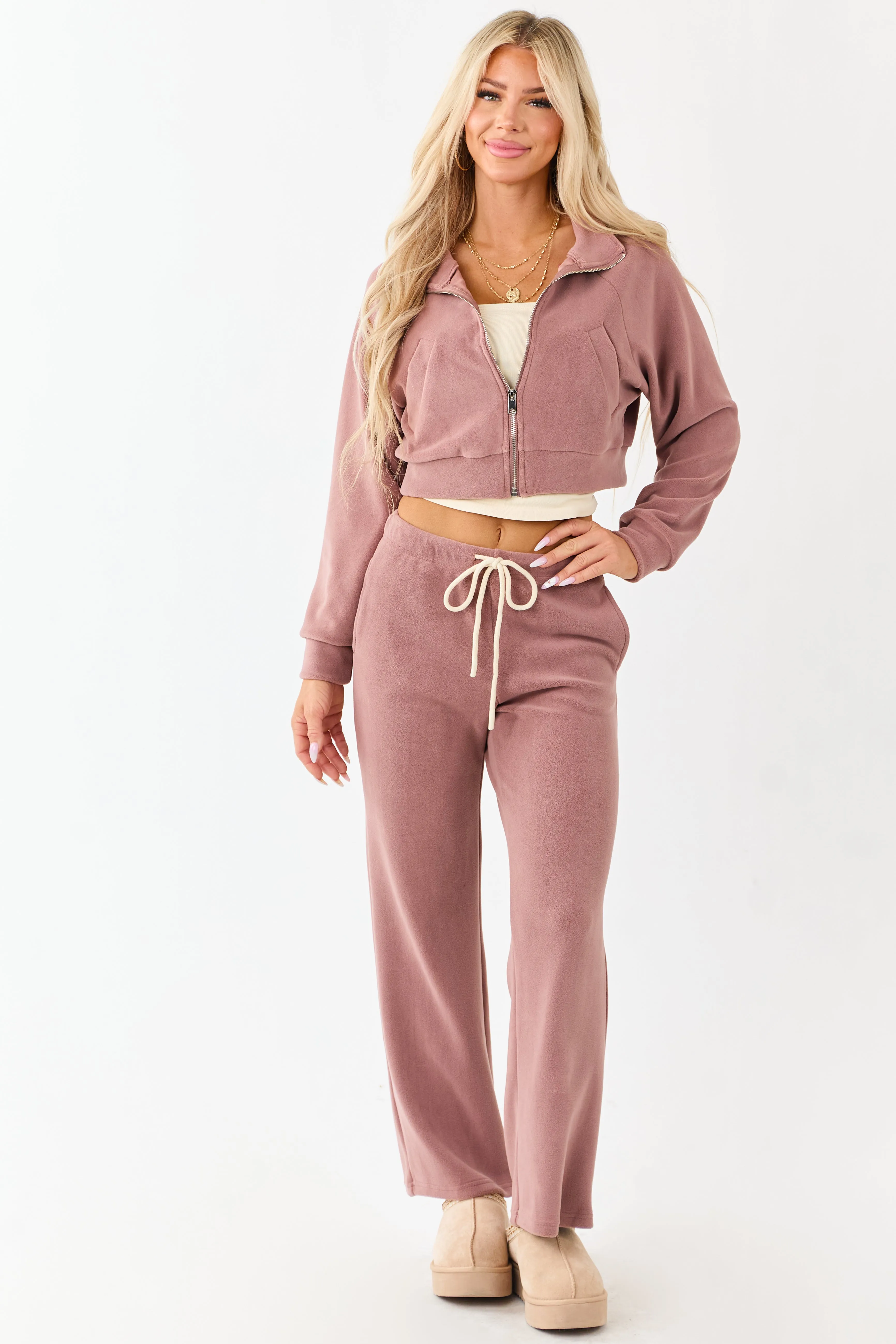 Dusty Rose Fleece Wide Leg Drawstring Pants sold by Lime Lush product image thumbnail 5