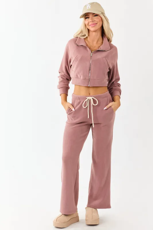Dusty Rose Fleece Wide Leg Drawstring Pants sold by Lime Lush
