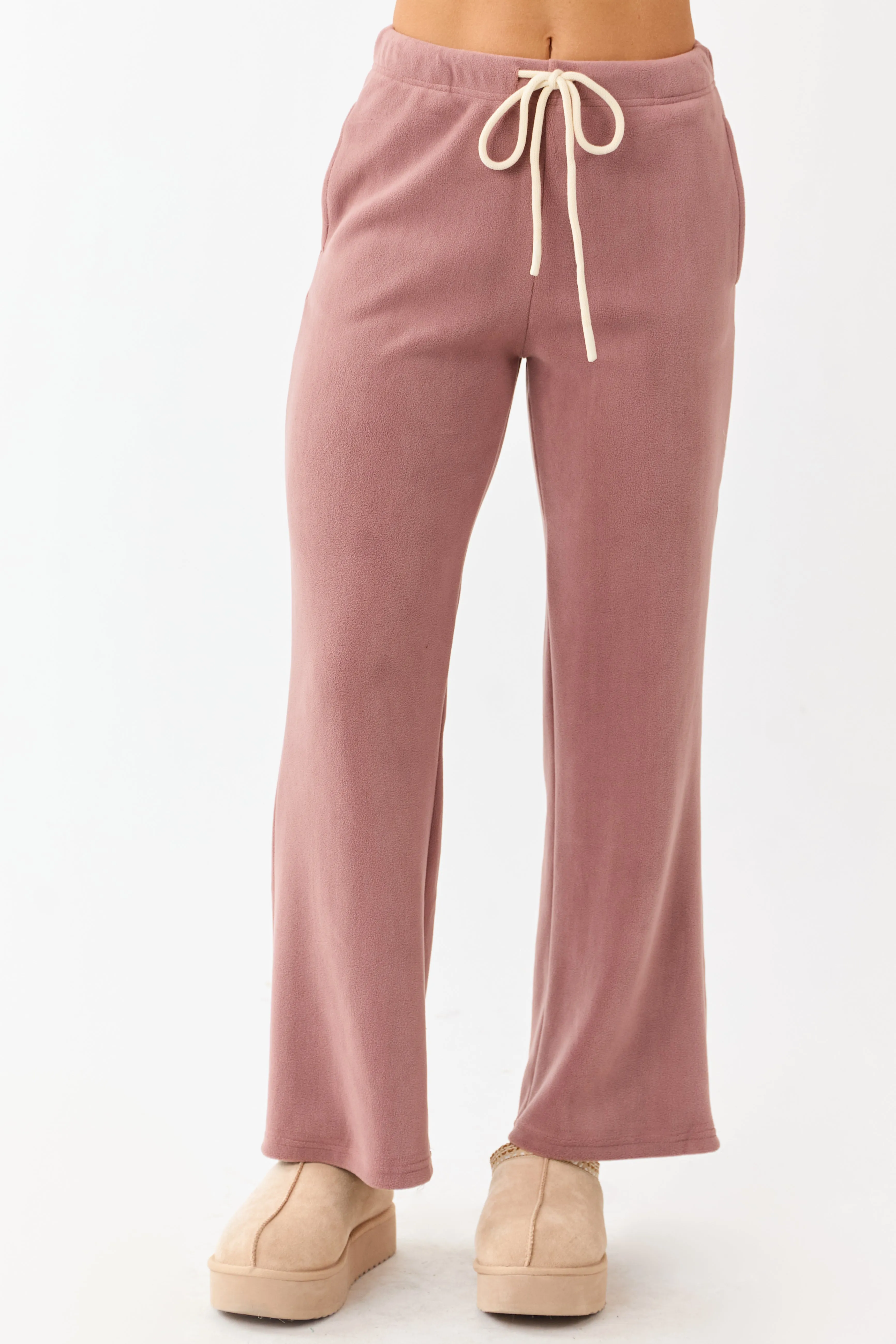 Dusty Rose Fleece Wide Leg Drawstring Pants sold by Lime Lush product image thumbnail 2
