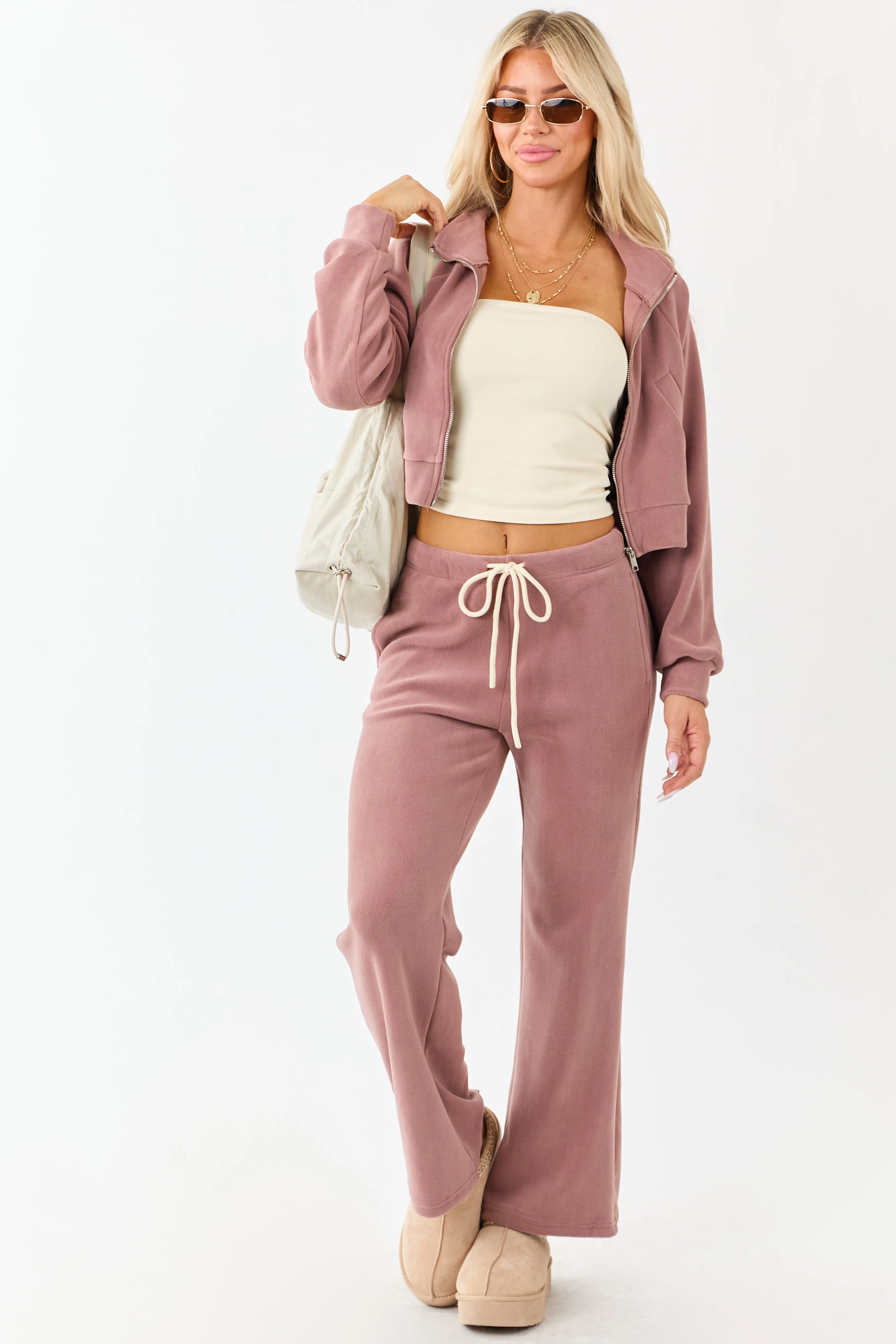 Dusty Rose Fleece Cropped Zip Up Collared Jacket sold by Lime Lush product image thumbnail 2