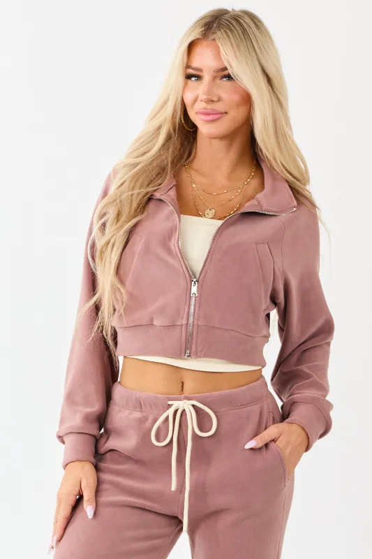 Dusty Rose Fleece Cropped Zip Up Collared Jacket sold by Lime Lush