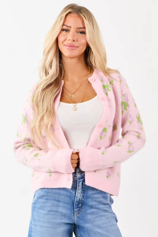 Carnation Floral Button Up Wool Blend Knit Cardigan sold by Lime Lush