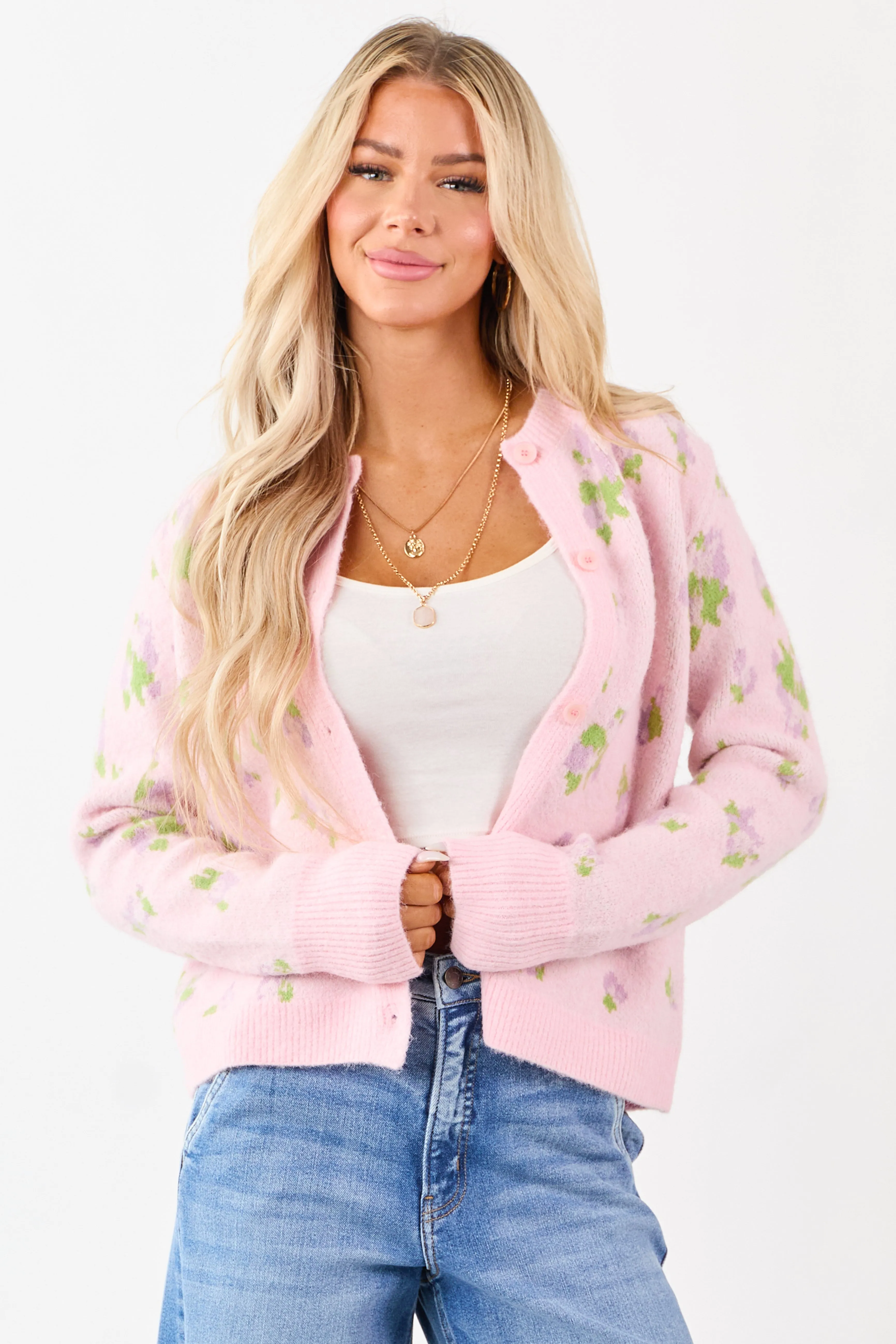 Carnation Floral Button Up Wool Blend Knit Cardigan sold by Lime Lush