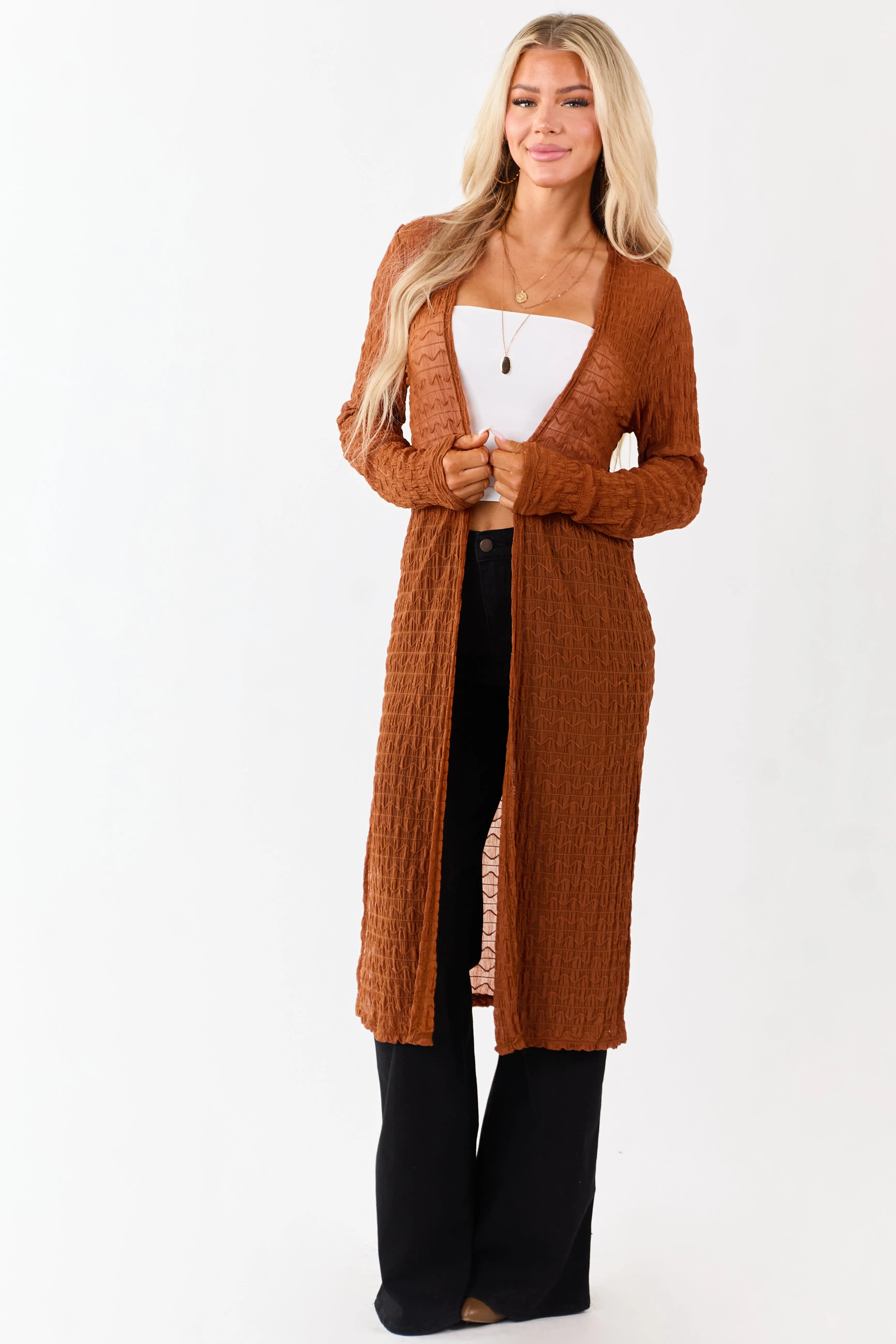Spice Sheer Wavy Textured Mesh Duster Cardigan sold by Lime Lush