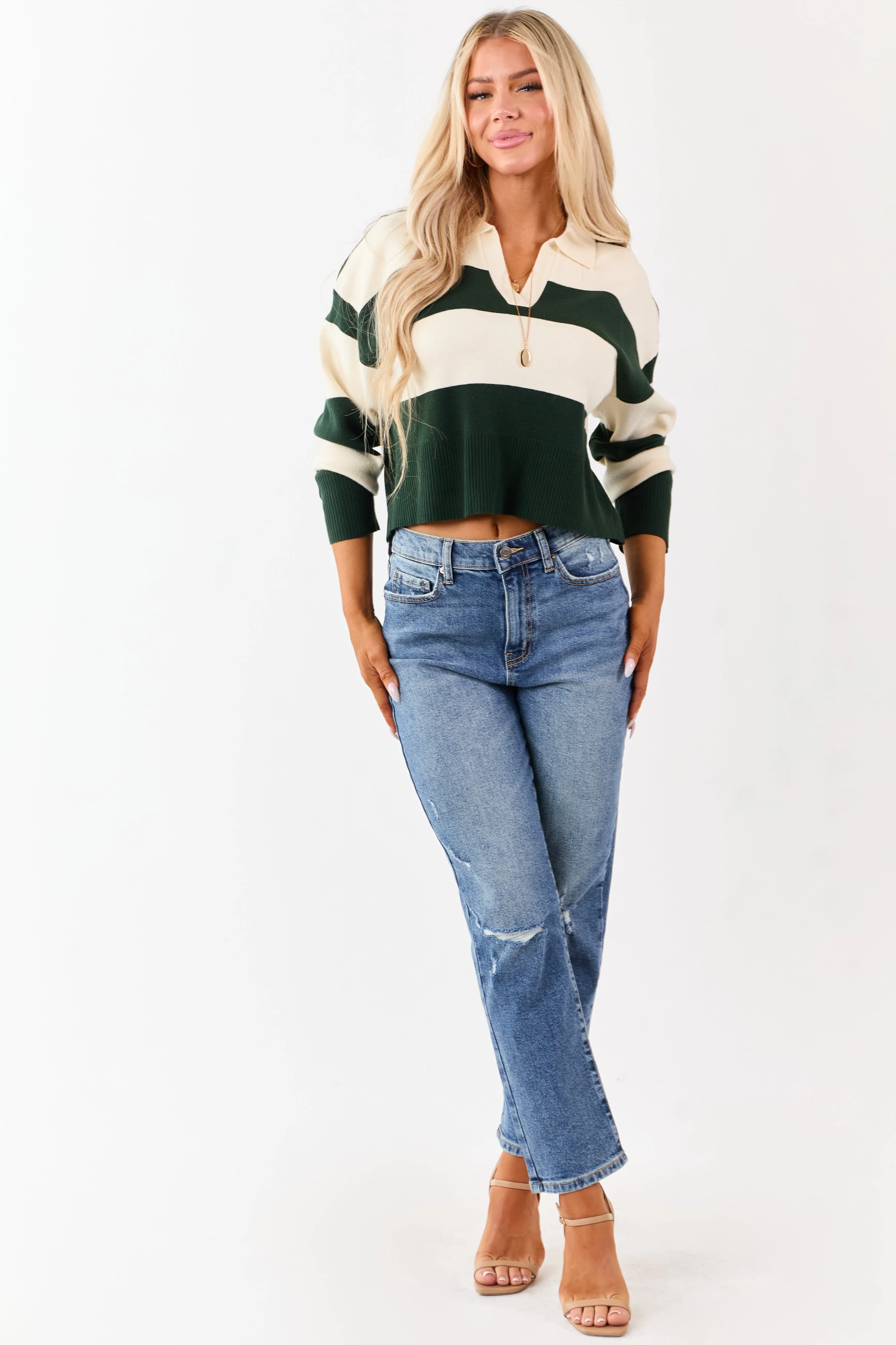 Forest Green Striped Rugby Style Sweater sold by Lime Lush product image thumbnail 4