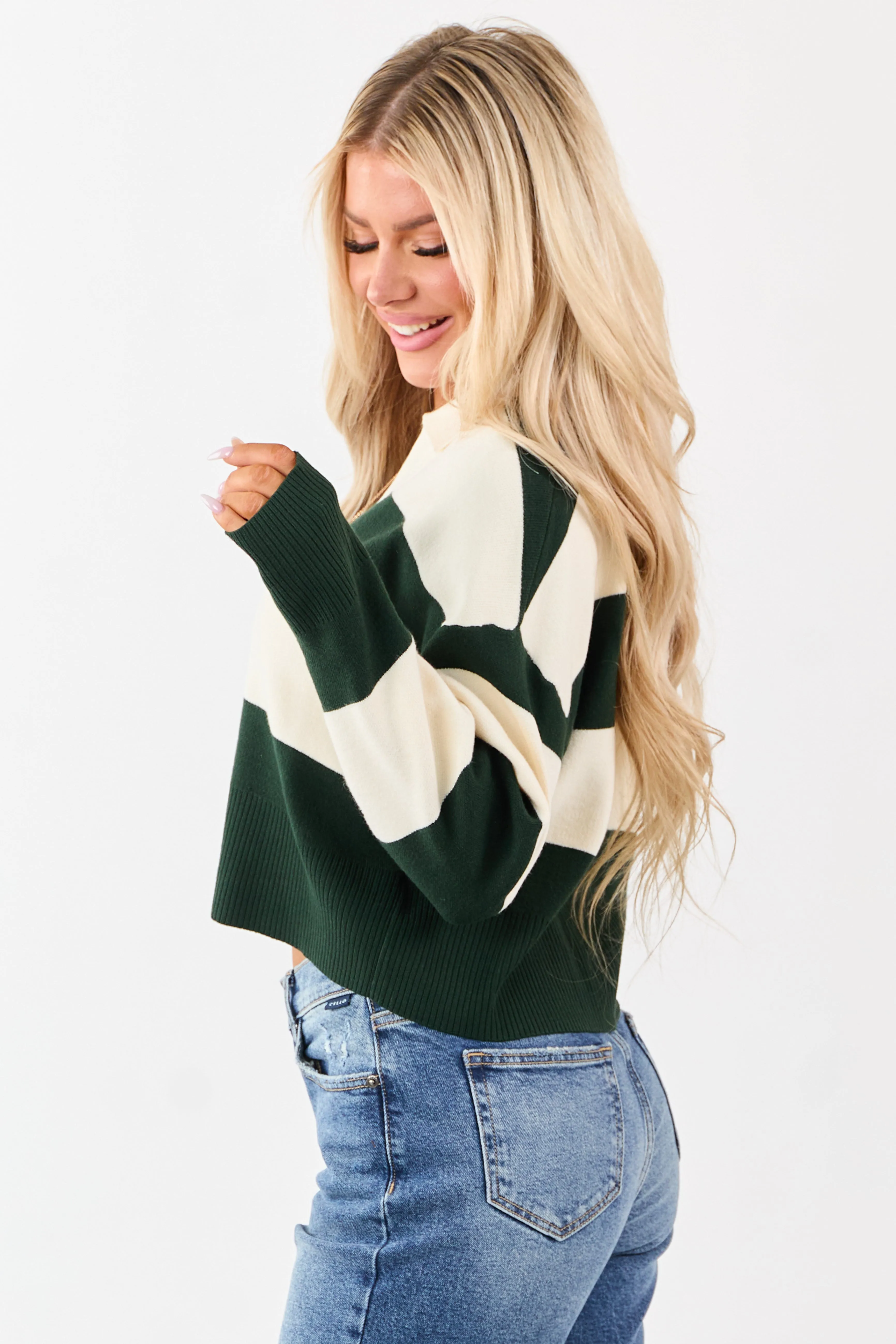 Forest Green Striped Rugby Style Sweater sold by Lime Lush product image thumbnail 5