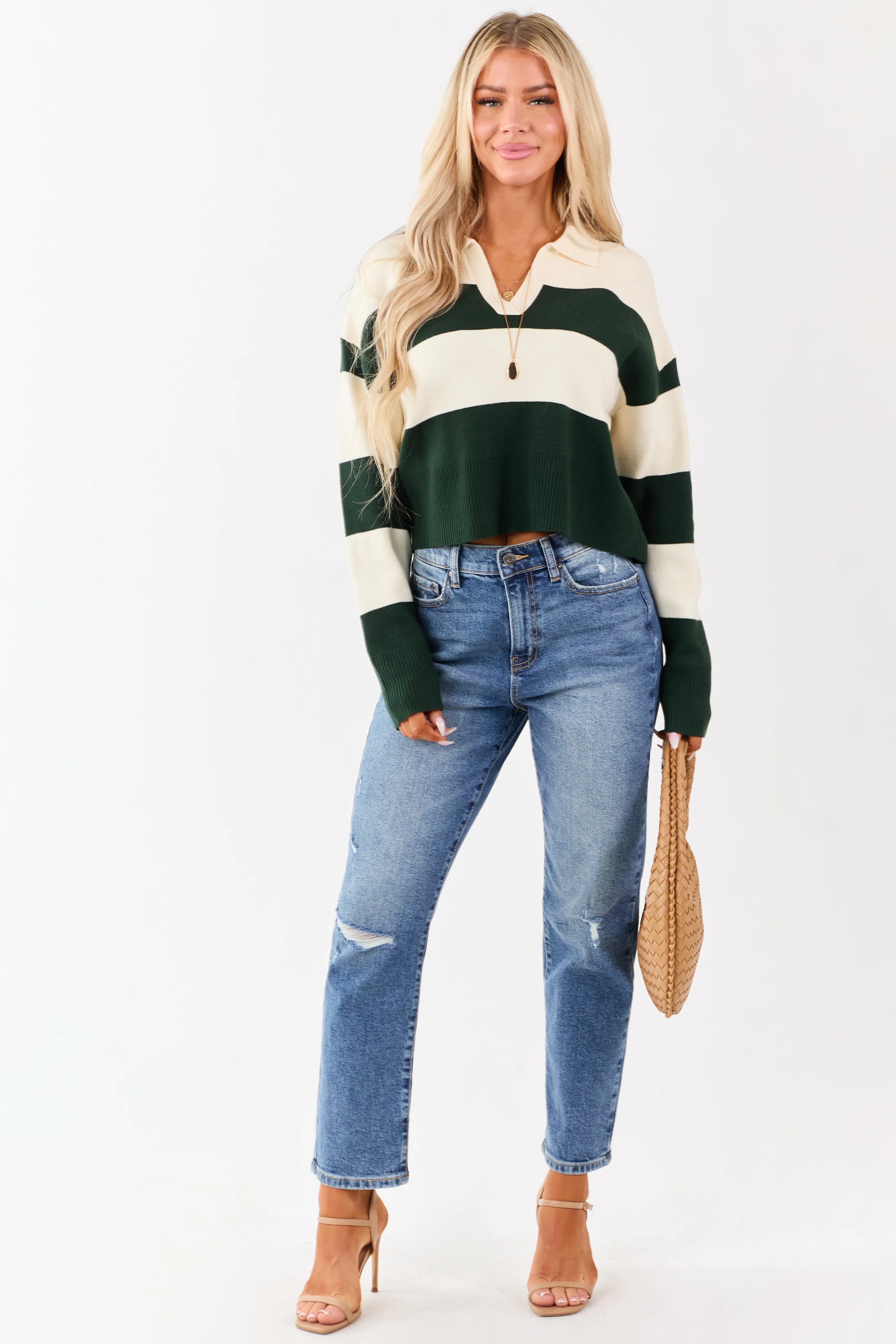 Forest Green Striped Rugby Style Sweater sold by Lime Lush product image thumbnail 3
