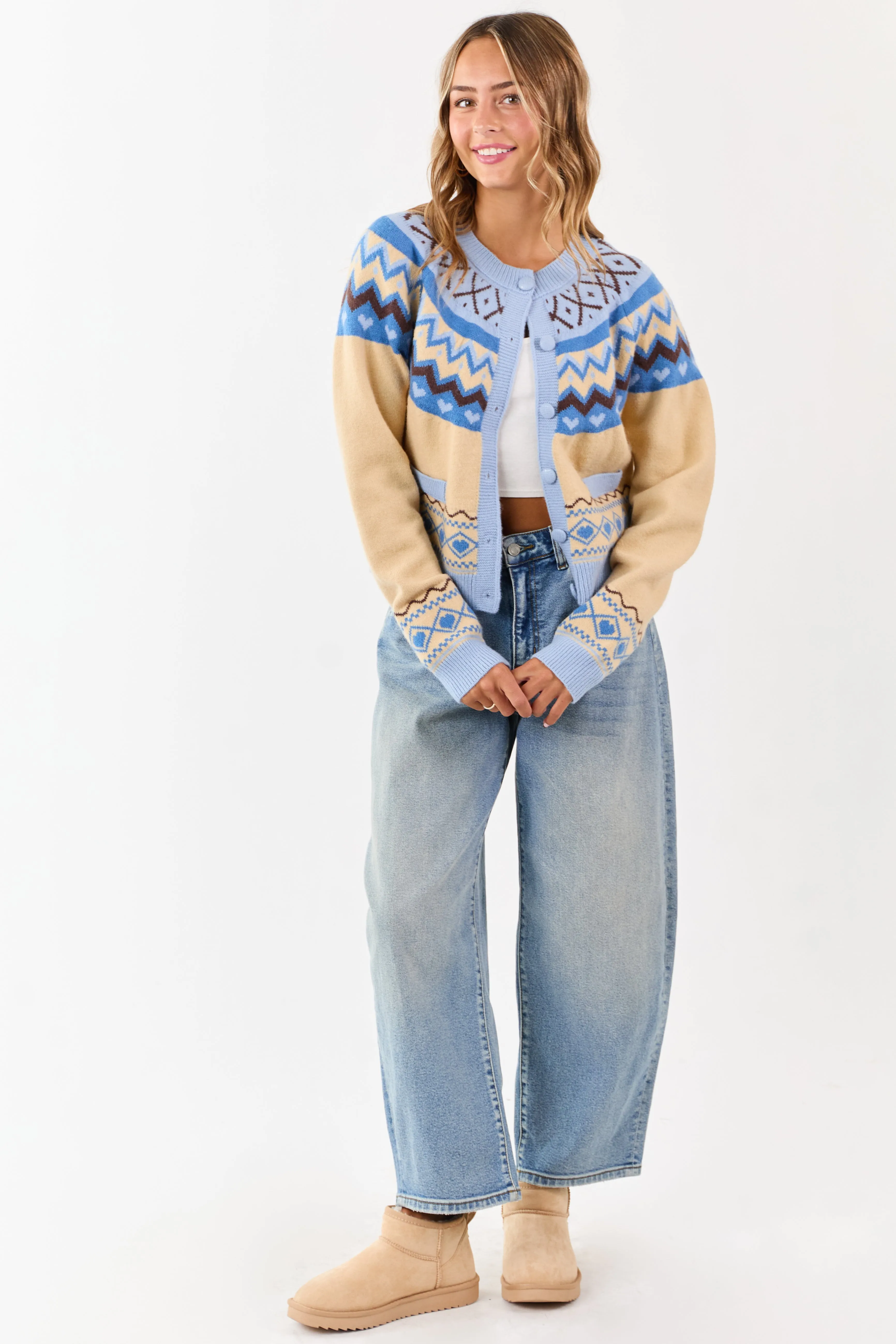 Cobalt and Cream Fair Isle Heart Print Cardigan sold by Lime Lush product image thumbnail 3