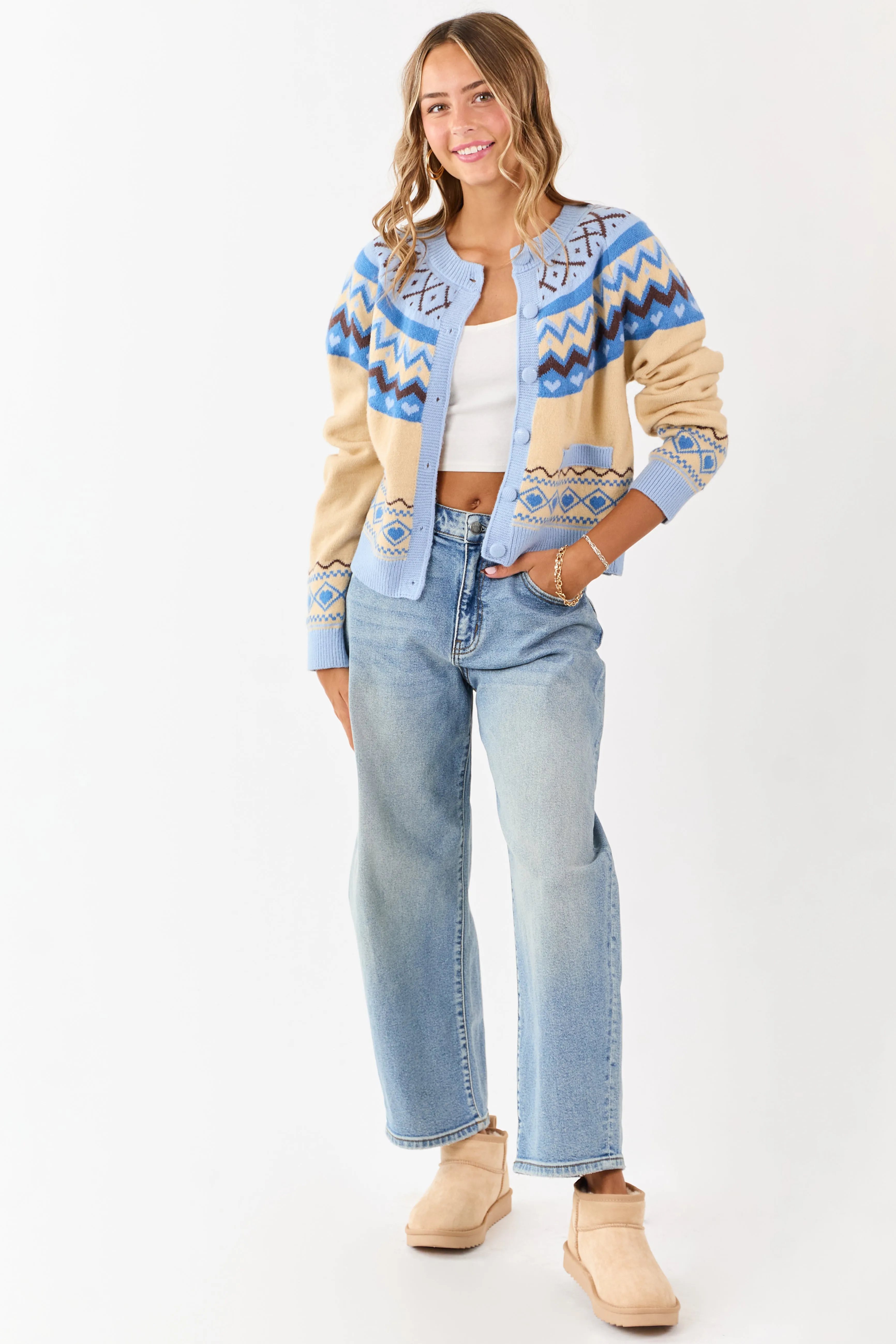 Cobalt and Cream Fair Isle Heart Print Cardigan sold by Lime Lush product image thumbnail 2