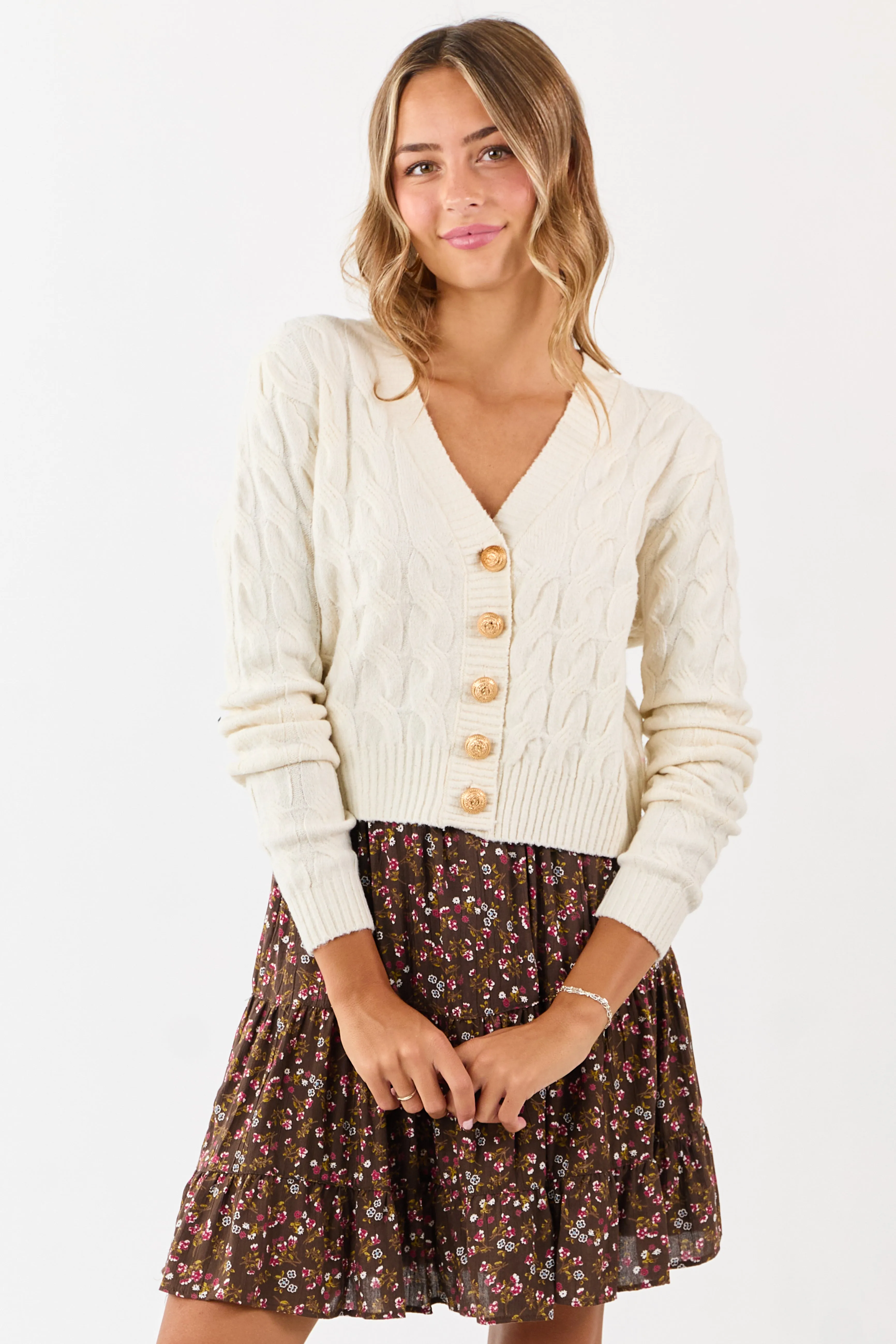 Cream Button Down Cable Knit Sweater Cardigan sold by Lime Lush product image thumbnail 2