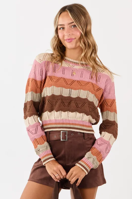 Almond Wavy Striped Long Sleeve Pointelle Sweater sold by Lime Lush