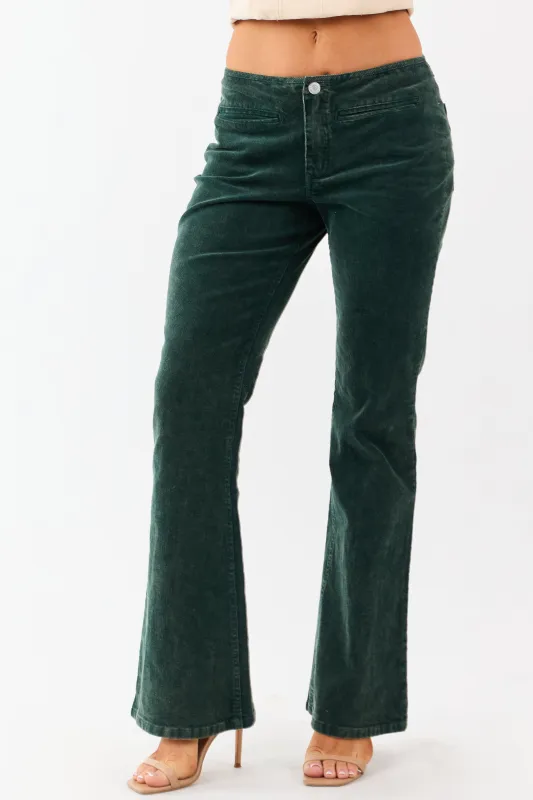 Forest Green Washed Corduroy Mid Rise Flare Pants sold by Lime Lush